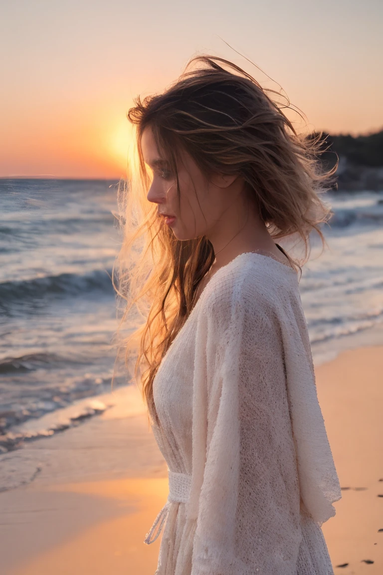 1fille,mains en avant,mer,vent,messy hair,coucher de soleil,plage,(Aesthetics and atmosphere:1.2),cheveux longs,robe d'orange summer,Light smile,heureux,faible profondeur de champ,wavy hair,boucles d'hoop ears,hair ribbon,fines bretelles,fossettes,chef-d'artwork,Best quality,High quality,