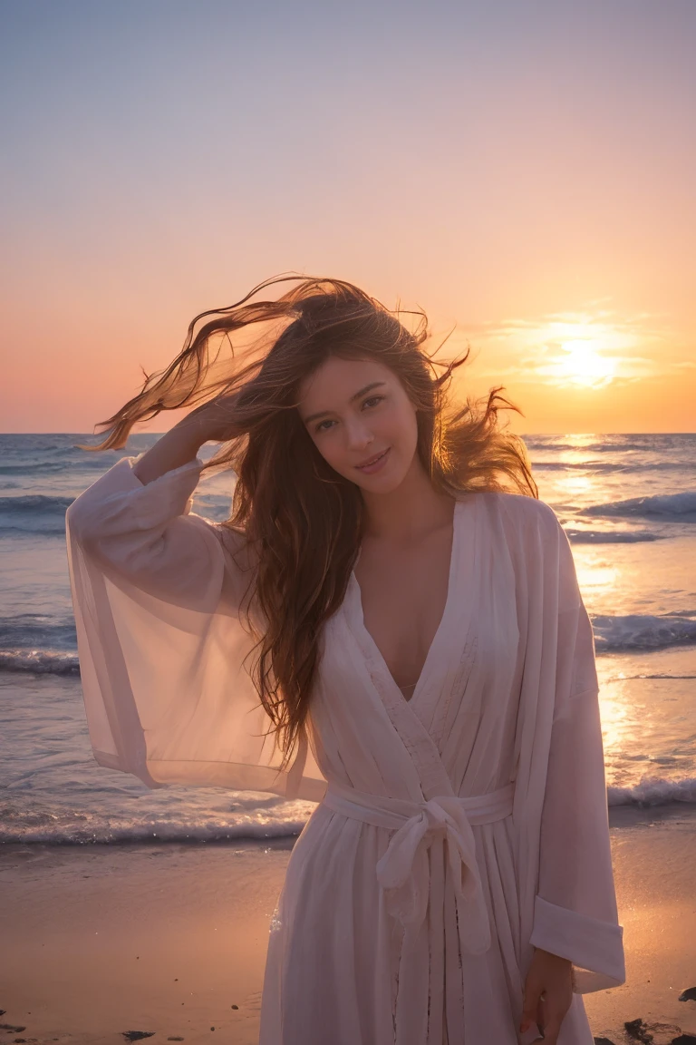 1fille,mains en avant,mer,vent,messy hair,coucher de soleil,plage,(Aesthetics and atmosphere:1.2),cheveux longs,robe d&#39;orange summer,Light smile,heureux,faible profondeur de champ,wavy hair,boucles d&#39;hoop ears,hair ribbon,fines bretelles,fossettes,chef-d&#39;artwork,Best quality,High quality,