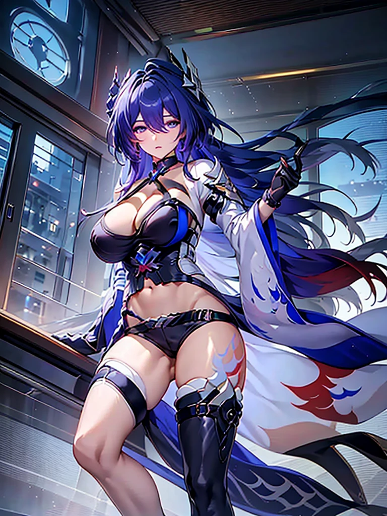 masterpiece, highest quality:1.2), One woman, alone, acheron\(honkai starrail\), ,Shiny skin,、Very thick legs、Long legs、Very huge breasts、Composition from the front、Gigantic Breasts:1.98、