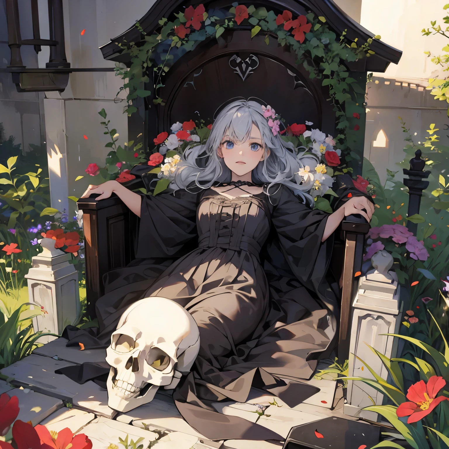 Skull with coffin and flowers
