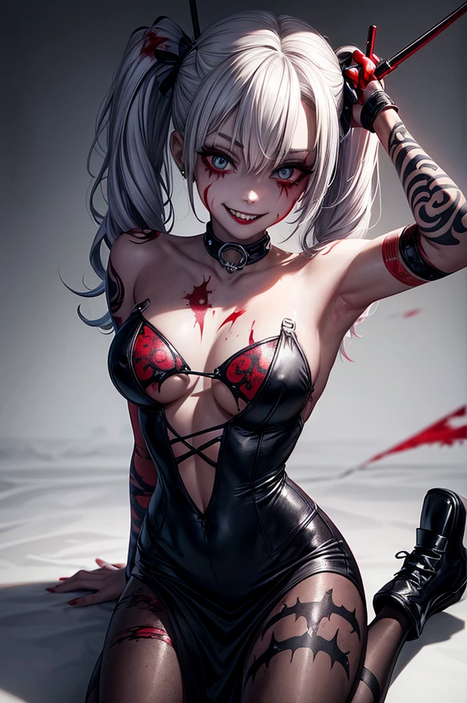 tattoo girl, very beautiful, murderous, Harley Quinn, crazed look, dark background, 8K, dynamic wallpaper, very delicate, very dense, creepy smile, close up to camera, selfie, yellow prom dress with blood splotches on the dress, prom background, kneeling