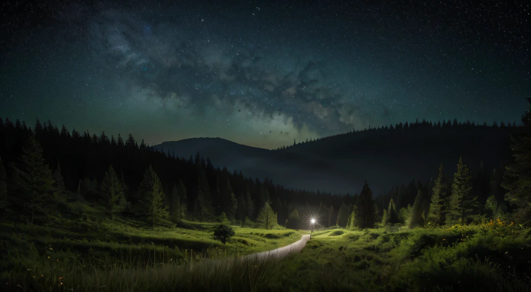 Fantasy, dim, Dark green, Dense forest , Detailed window frame of an elven village, Huge tree in the distance, Shiny silver leaves, Twinkling Star, Moonlit Sky,Quiet stillness,dark silhouette,Mysterious atmosphere, Night flowers