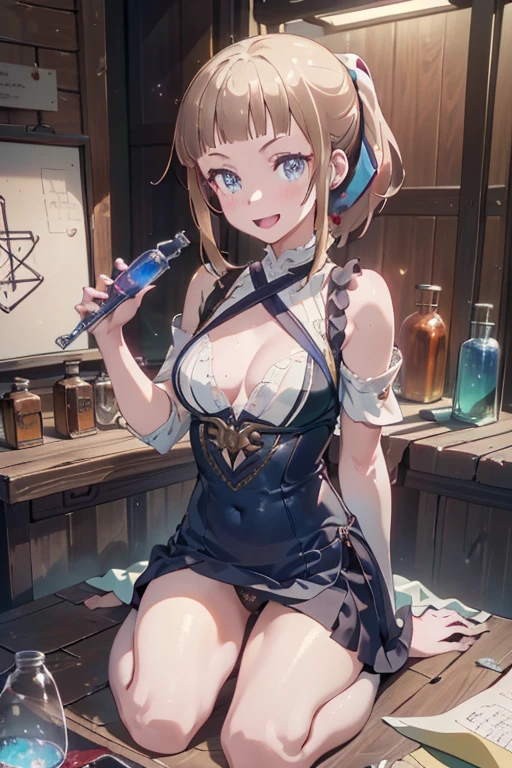 (fantasy:1.5),(anime,8k,masterpiece, top quality, best quality,beautiful and aesthetic:1.2,professional illustrasion:1.1,ultra detail:1.3,perfect lighting),extremely detailed,highest detailed,incredibly absurdres , highres, ultra detailed,intricate:1.6,(Alchemy Workshop:1.4),A girl mixing,Medicine in many small bottles,holding small potion,colorful:1.4,zentangle,(1girl),(girl),(Three kingdoms female warload),(highly detailed beautiful face and eyes,firm breasts),oily skin,((black,hair,short bob with short pony tail hair)),thin pubic hair,cute,lovely,34 years old,alchemist costume,Merchant's Clothing,smile,in the kitchen,smile,seductive weak smiling,(with sparkling eyes and a contagious smile),open mouth, Looking at Viewer,