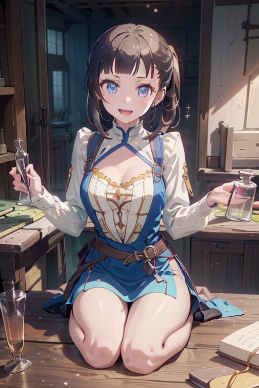 (fantasy:1.5),(anime,8k,masterpiece, top quality, best quality,beautiful and aesthetic:1.2,professional illustrasion:1.1,ultra detail:1.3,perfect lighting),extremely detailed,highest detailed,incredibly absurdres , highres, ultra detailed,intricate:1.6,(Alchemy Workshop:1.4),A girl mixing,Medicine in many small bottles,holding small potion,colorful:1.4,zentangle,(1girl),(girl),(Three kingdoms female warload),(highly detailed beautiful face and eyes,firm breasts),oily skin,((black,hair,short bob with short pony tail hair)),thin pubic hair,cute,lovely,34 years old,alchemist costume,Merchant's Clothing,smile,in the kitchen,smile,seductive weak smiling,(with sparkling eyes and a contagious smile),open mouth, Looking at Viewer,
