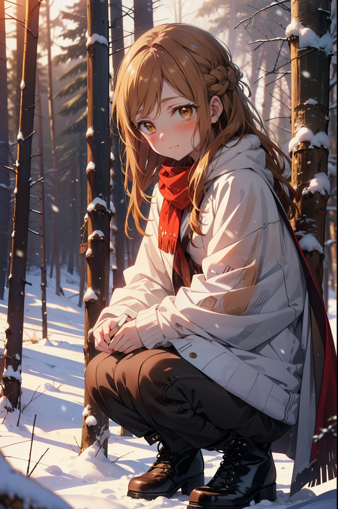 I am Ayuki of the Sun, Sun and Yuki, Long Hair, Brown Hair, (Brown eyes:1.8)Mid-chest,smile,blush,White Breath,
Open your mouth,snow,Ground bonfire, Outdoor, boots, snowing, From the side, wood, suitcase, Cape, Blurred, Increase your meals, forest, White handbag, nature, Squat, Mouth closed, フードed Cape, winter, Written boundary depth, Black shoes, red Cape break looking at viewer, Upper Body, whole body, break Outdoor, forest, nature, break (masterpiece:1.2), highest quality, High resolution, unity 8k wallpaper, (shape:0.8), (Beautiful and beautiful eyes:1.6), Highly detailed face, Perfect lighting, Extremely detailed CG, (Perfect hands, Perfect Anatomy),