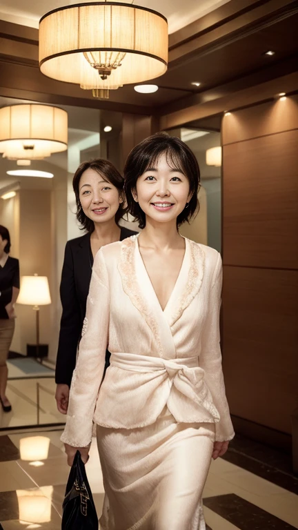 two women, ((highest quality)), ((8k)), ((masterpiece:1.3)), (become familiar with), ((luxury hotel lobby)), (calming lighting), (((Two Japanese women walking in the lobby))), (A soft light illuminates the two women), NSFW, (Mother and daughter), (perfect face), ((Mother 57 years old, facial wrinkles:1.2, wrinkles around the eyes, tear bags under the eyes, wavy long hair, BREAK Daughter 35 years old, Cheerful smile, medium short hair)), (married woman), (whole body),