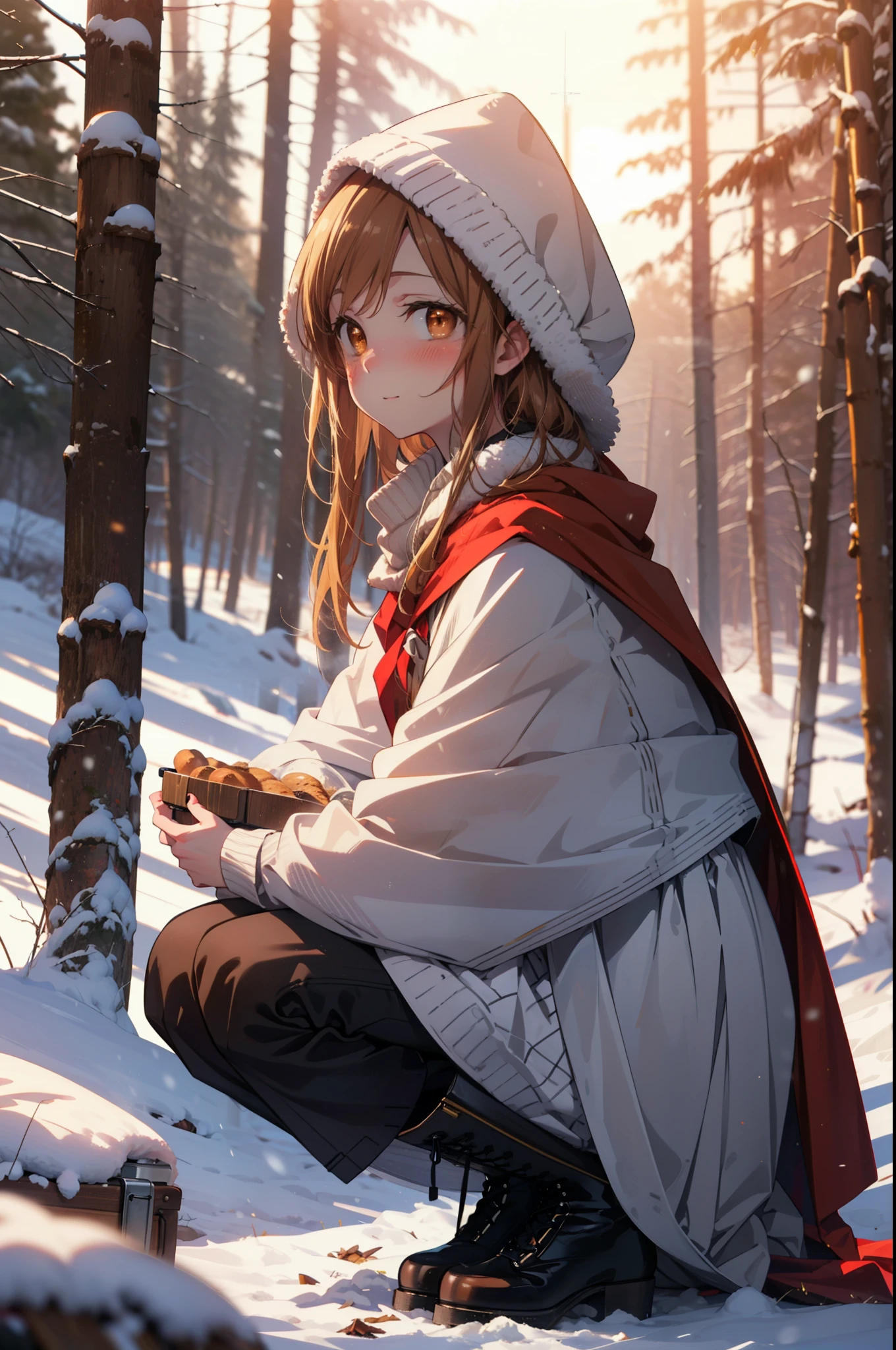 I am Ayuki of the Sun, Sun and Yuki, Long Hair, Brown Hair, (Brown eyes:1.8)Mid-chest,smile,blush,White Breath,
Open your mouth,snow,Ground bonfire, Outdoor, boots, snowing, From the side, wood, suitcase, Cape, Blurred, Increase your meals, forest, White handbag, nature, Squat, Mouth closed, フードed Cape, winter, Written boundary depth, Black shoes, red Cape break looking at viewer, Upper Body, whole body, break Outdoor, forest, nature, break (masterpiece:1.2), highest quality, High resolution, unity 8k wallpaper, (shape:0.8), (Beautiful and beautiful eyes:1.6), Highly detailed face, Perfect lighting, Extremely detailed CG, (Perfect hands, Perfect Anatomy),