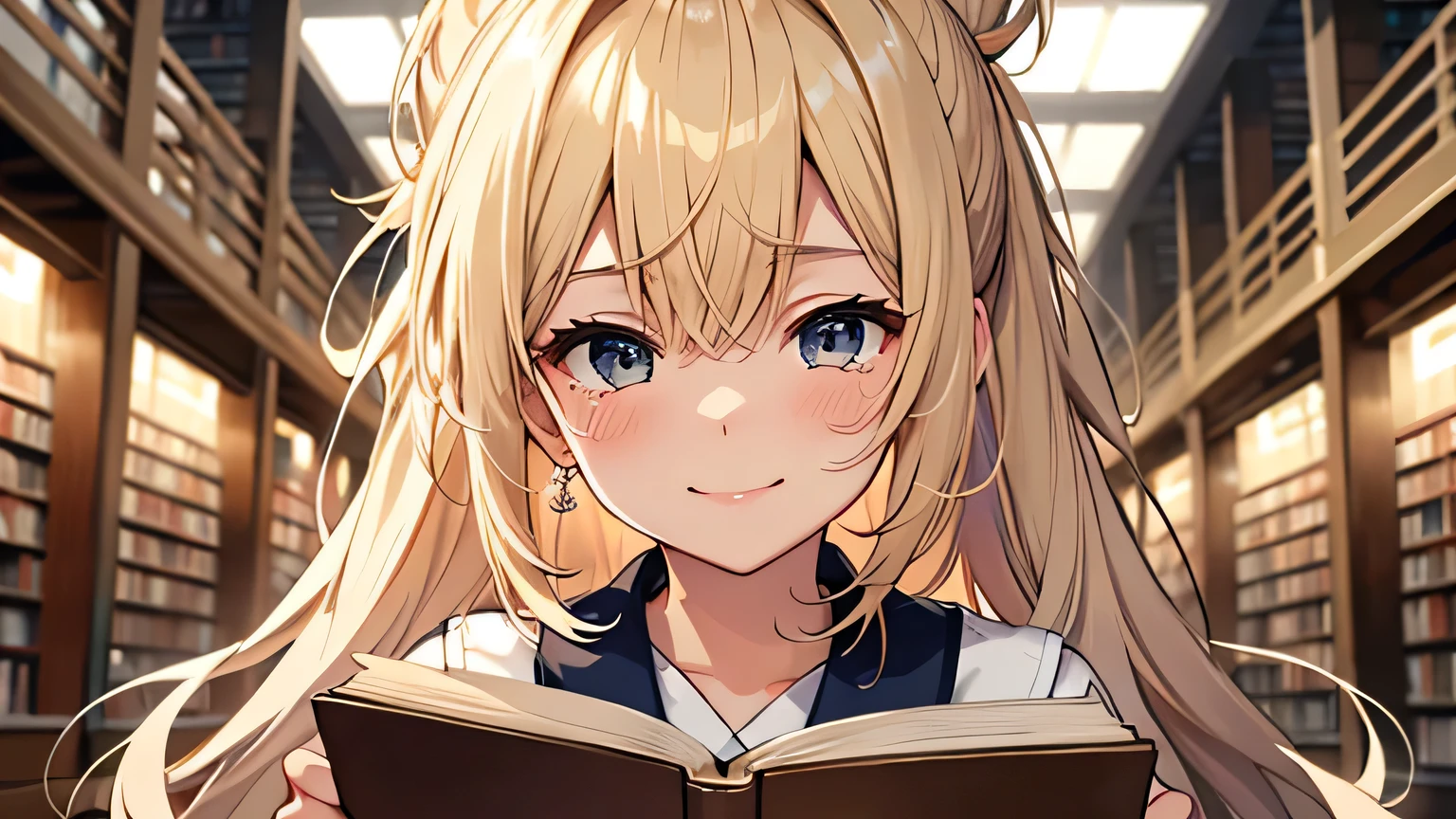 ((highest quality)), ((masterpiece)), (detailed), Perfect Face、library、Reading a book、tearful、smile、blonde、Straight Hair、ponytail、Sailor suit、Accurate Fingers、