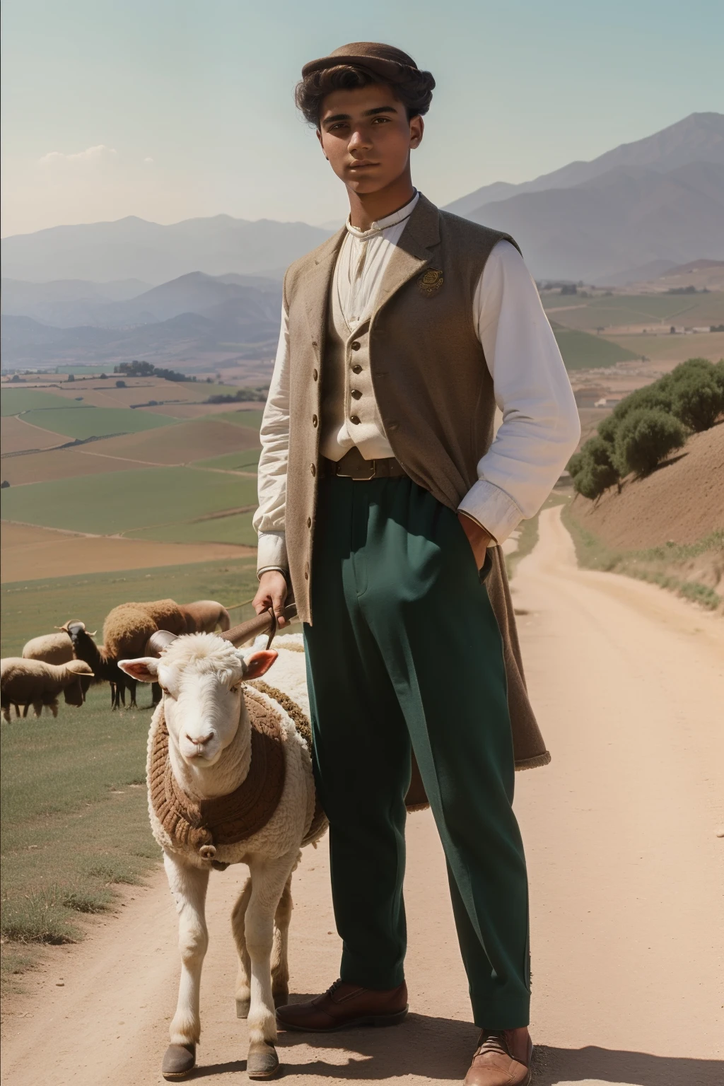 Andalusia, 1900. A young ((((18-year-old)) Santiago)), shepherd, with a sheep, ((((casual clothings from the 1900s)))), ((hairstyle of the 1900s)), ((colorful))