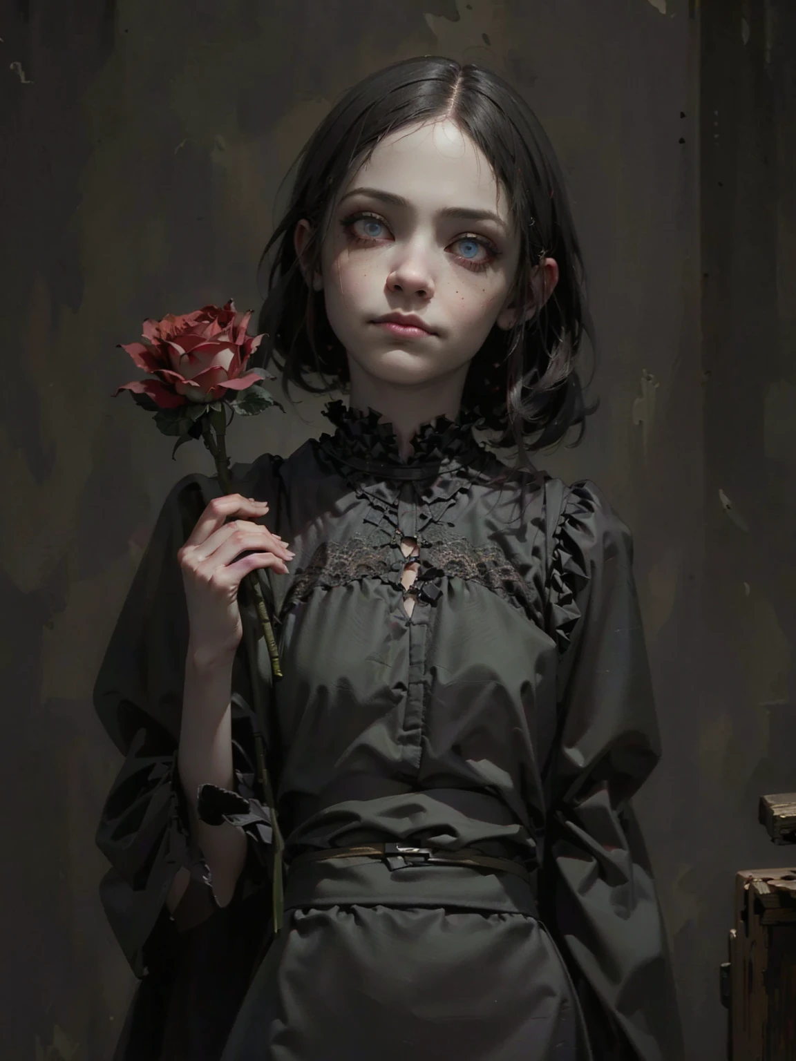 a gothic clown girl, detailed face, beautiful eyes, long eyelashes, pale skin, dark makeup, black and red dress, puffed sleeves, ruffles, lace, holding a black rose, eerie, unsettling, moody lighting, dark cinematic atmosphere, muted color palette, (best quality,4k,8k,highres,masterpiece:1.2),ultra-detailed,(realistic,photorealistic,photo-realistic:1.37),(fullbody)