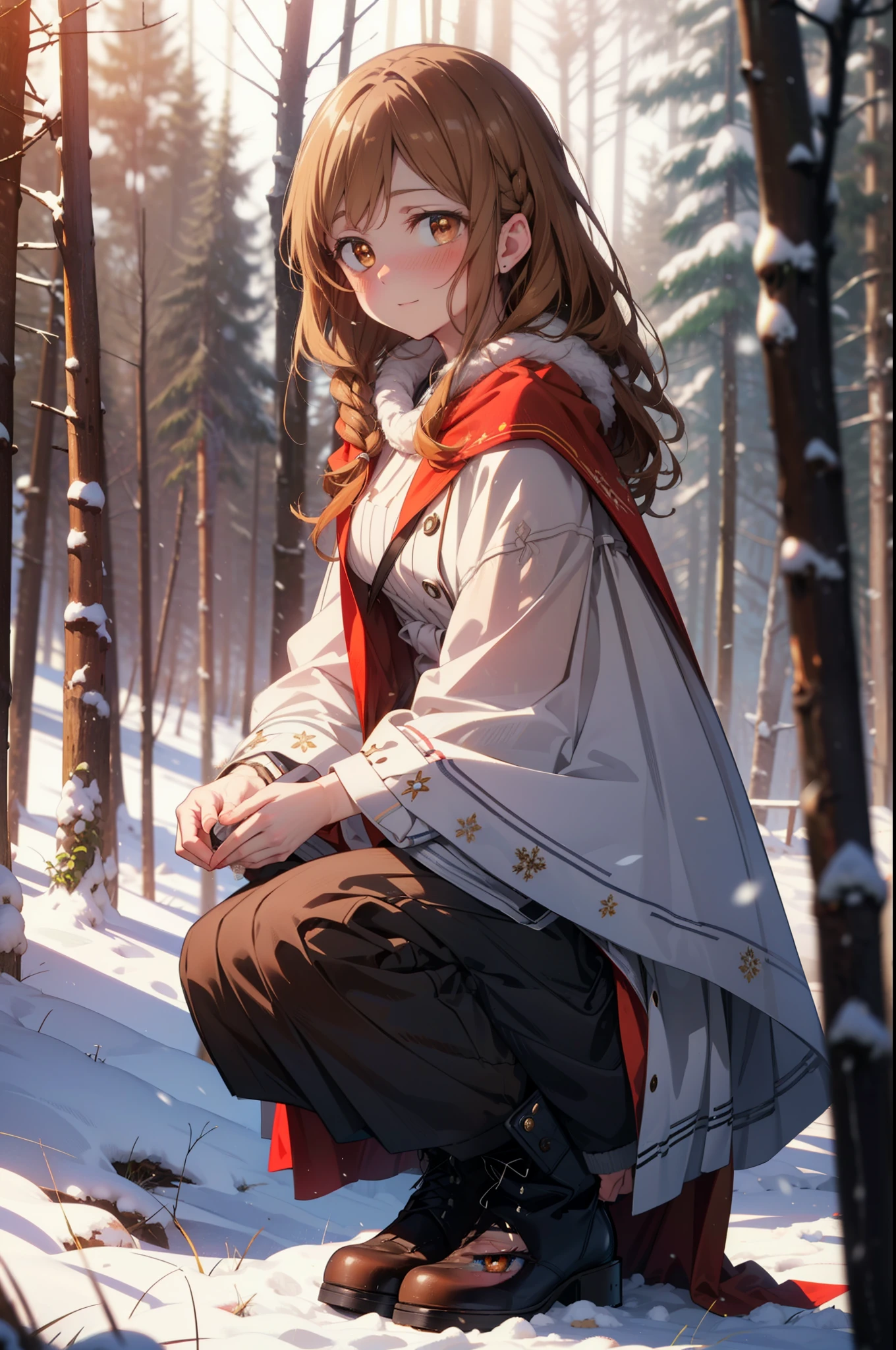 I am Ayuki of the Sun, Sun and Yuki, Long Hair, Brown Hair, (Brown eyes:1.8)Mid-chest,smile,blush,White Breath,
Open your mouth,snow,Ground bonfire, Outdoor, boots, snowing, From the side, wood, suitcase, Cape, Blurred, Increase your meals, forest, White handbag, nature,  Squat, Mouth closed, フードed Cape, winter, Written boundary depth, Black shoes, red Cape break looking at viewer, Upper Body, whole body, break Outdoor, forest, nature, break (masterpiece:1.2), highest quality, High resolution, unity 8k wallpaper, (shape:0.8), (Beautiful and beautiful eyes:1.6), Highly detailed face, Perfect lighting, Extremely detailed CG, (Perfect hands, Perfect ???????),