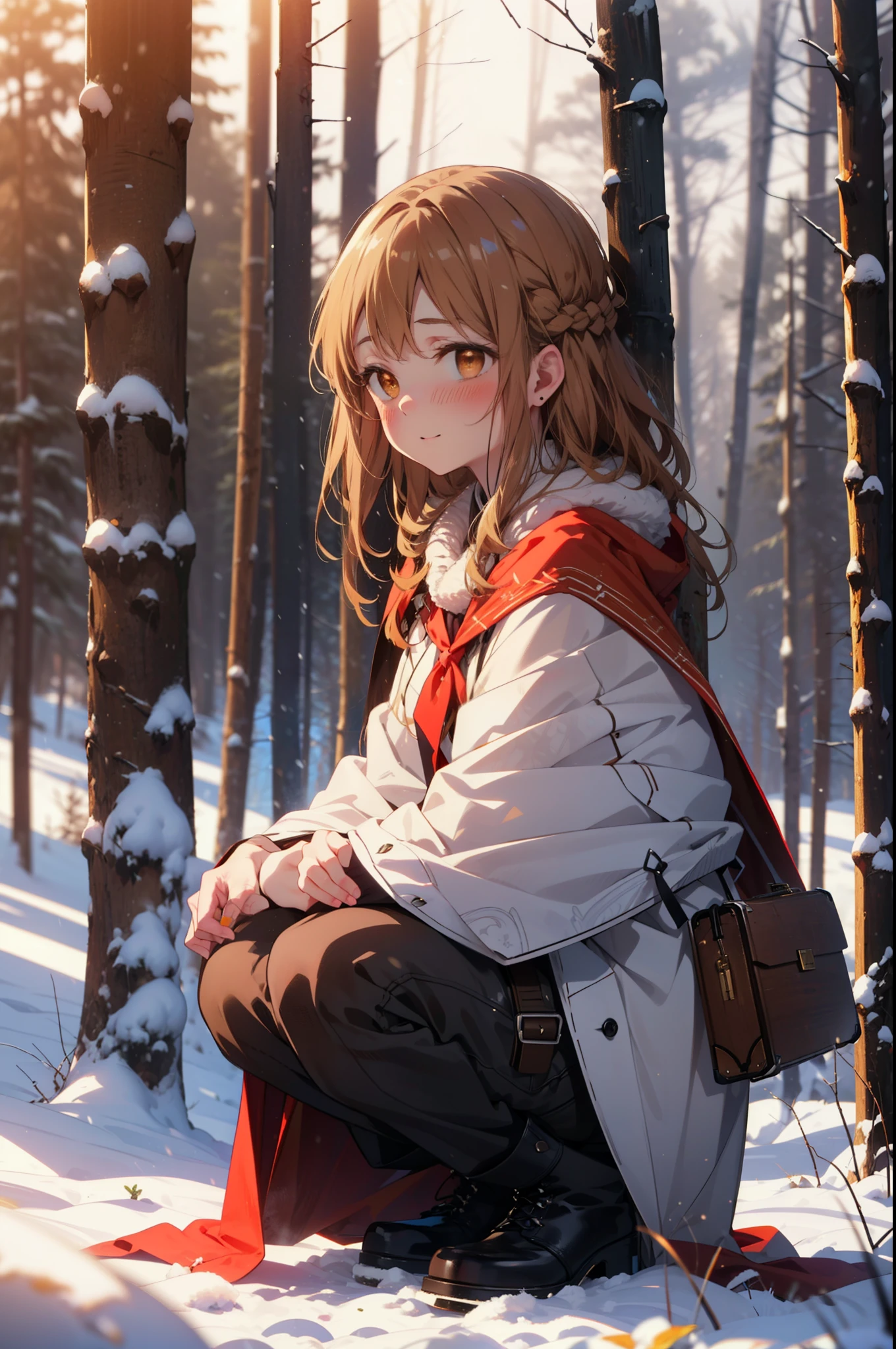 I am Ayuki of the Sun, Sun and Yuki, Long Hair, Brown Hair, (Brown eyes:1.8)Mid-chest,smile,blush,White Breath,
Open your mouth,snow,Ground bonfire, Outdoor, boots, snowing, From the side, wood, suitcase, Cape, Blurred, Increase your meals, forest, White handbag, nature, Squat, Mouth closed, フードed Cape, winter, Written boundary depth, Black shoes, red Cape break looking at viewer, Upper Body, whole body, break Outdoor, forest, nature, break (masterpiece:1.2), highest quality, High resolution, unity 8k wallpaper, (shape:0.8), (Beautiful and beautiful eyes:1.6), Highly detailed face, Perfect lighting, Extremely detailed CG, (Perfect hands, Perfect Anatomy),