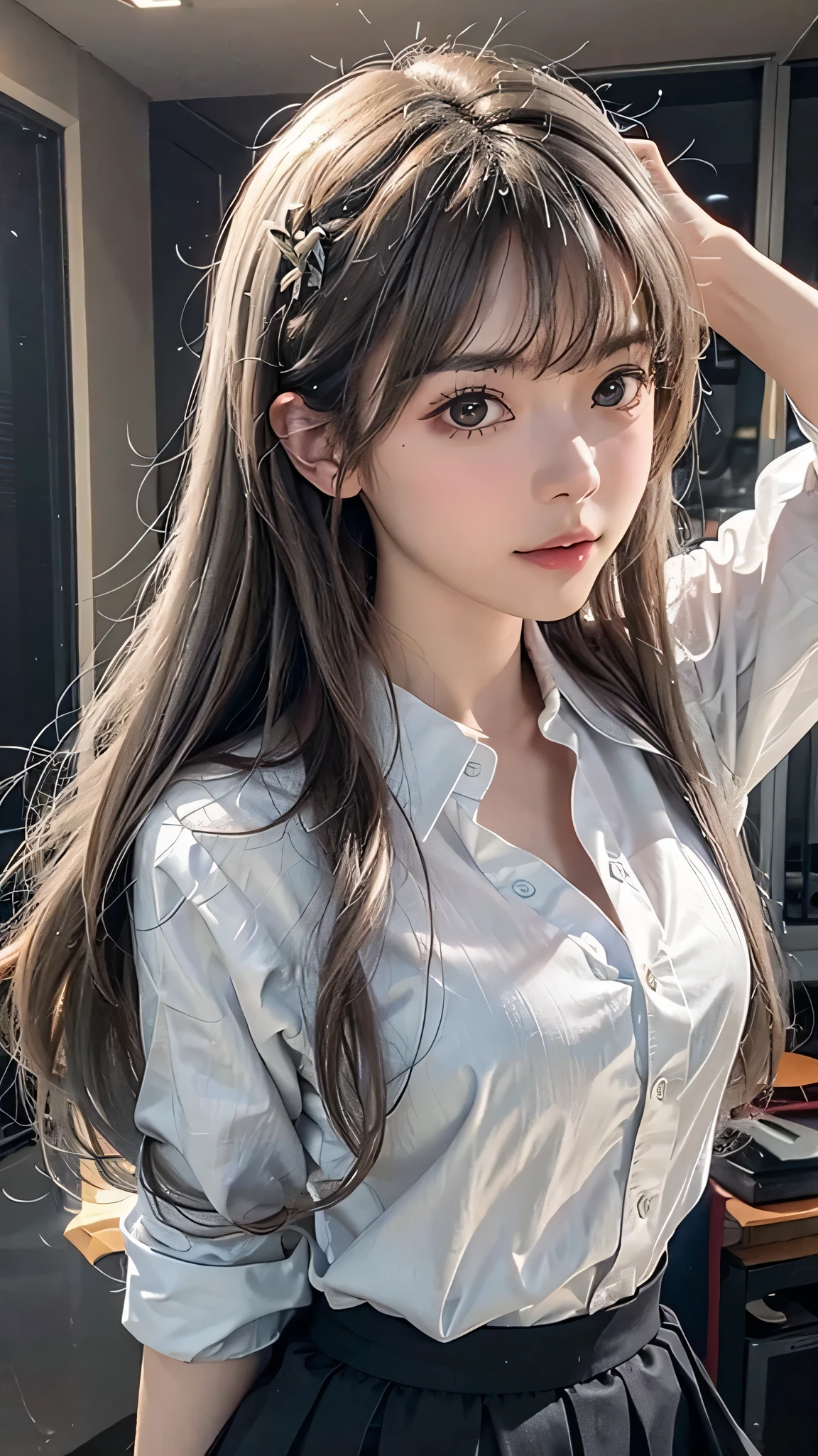 Best Quality, Focus, Soft Light, Black Hair, (Japanese)), (Blouse), (((Front, Young Face))), (Depth of Field), Ultra High Resolution, (Realistic: 1.4), RAW Photo, Upper Body