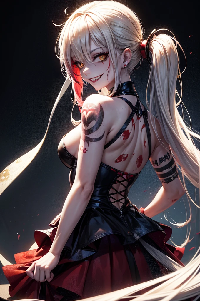 tattoo girl, very beautiful, murderous, Harley Quinn, crazed look, dark background, 8K, dynamic wallpaper, very delicate, very dense, creepy smile, close up to camera, yellow prom dress with blood splotches on the dress, prom background, back turned
