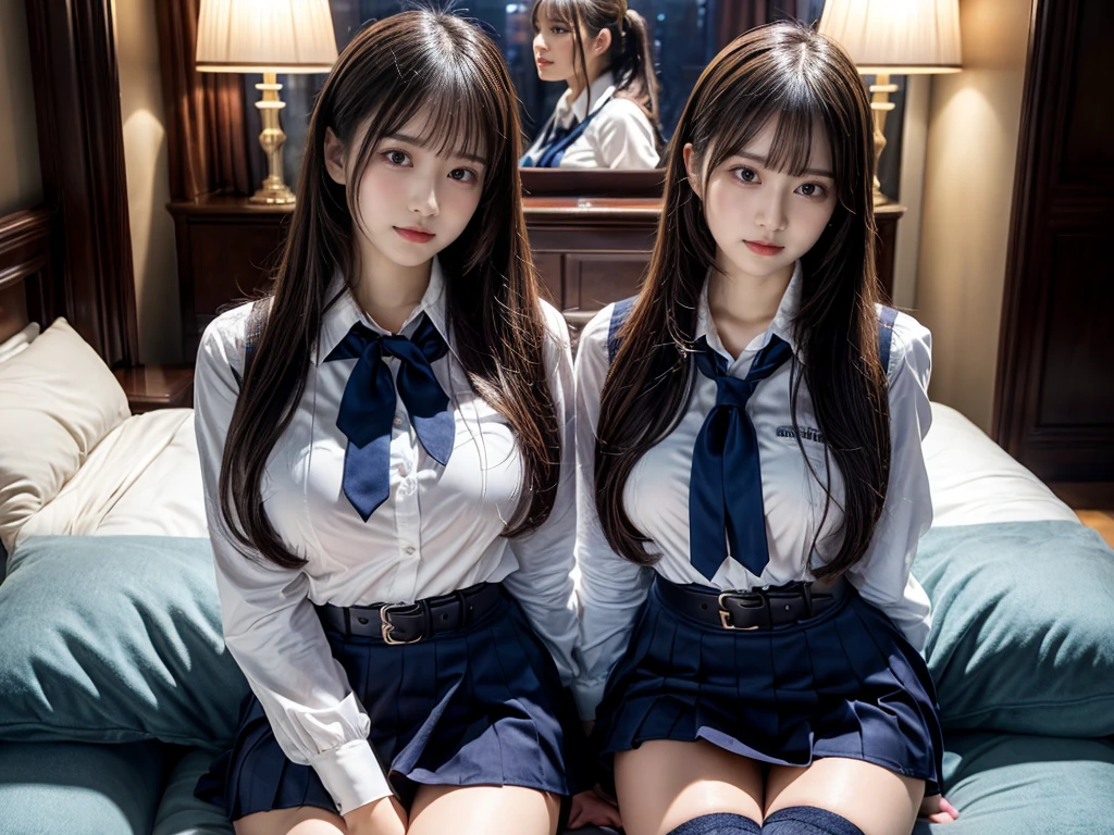 (8K, Raw photography, top-quality, masterpiece:1.2), master piece, best quality, illustration, Super detailed, fine details, High resolution, 8K,wall paper, perfect dynamic composition,(Details High quality, realistic depiction of eyes:1.3), ((2 girls, 2 schoolgirls)), The background is a luxury hotel room、High school girl uniform、blazer 、Super Short Check Uniform Skirt、Navy blue high socks、garterbelts、Colossal tits、Disturbed uniform, Play with each other,Touching each other's bodies,Touching the body of the girl next door, short bob hair, black hair color, huge breasts, Big Natural Color Lip, bold sexy pose, (perfect body shape), crying a little、cold gaze, Beautiful makeup,glitter makeup,Cutest 18 years old, beautiful legs, hposing Gravure Idol, Voluptuous thighs