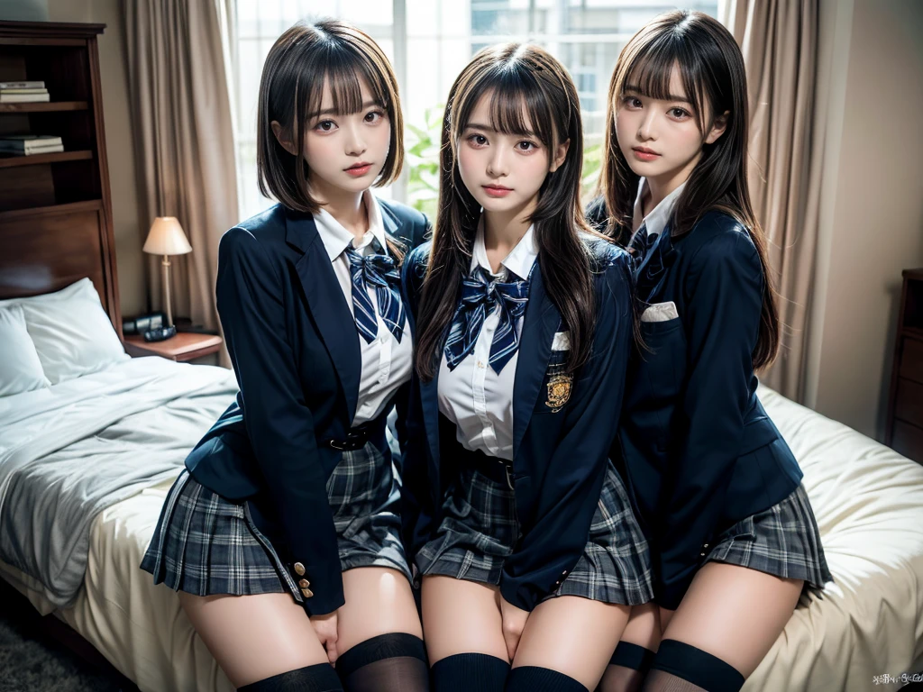 (8K, Raw photography, top-quality, ​masterpiece:1.2), master piece, best quality, illustration, Super detailed, fine details, High resolution, 8K,wall paper, perfect dynamic composition,(Details High quality, realistic depiction of eyes:1.3), ((2 girls, 2 girls)), The background is a luxury hotel room、High school girl uniform、blazer 、Super Short Check Uniform Skirt、Navy blue high socks、garterbelts、Colossal tits、Disturbed uniform, Play with each other,Touching each other's bodies,Touching the body of the girl next door, short bob hair, black hair color, huge breasts, Big Natural Color Lip, bold sexy pose, (perfect body shape), crying a little、cold gaze,  Beautiful makeup,glitter makeup,Cutest 18 years old, beautiful legs, hposing Gravure Idol, Voluptuous thighs