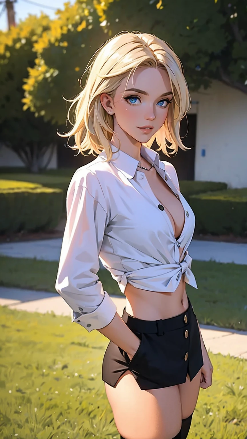 Highest Quality, ​masterpiece, beautifully detailed eyes,, short Blonde Hair, Gradient Hair, pink highlights in hair, medium breasts, standing, makeup, glossy lips, full lips, (natural lighting), grass, button up shirt, thong straps, light smile, midriff, collarbone, thigh highs, miniskirt, cleavage