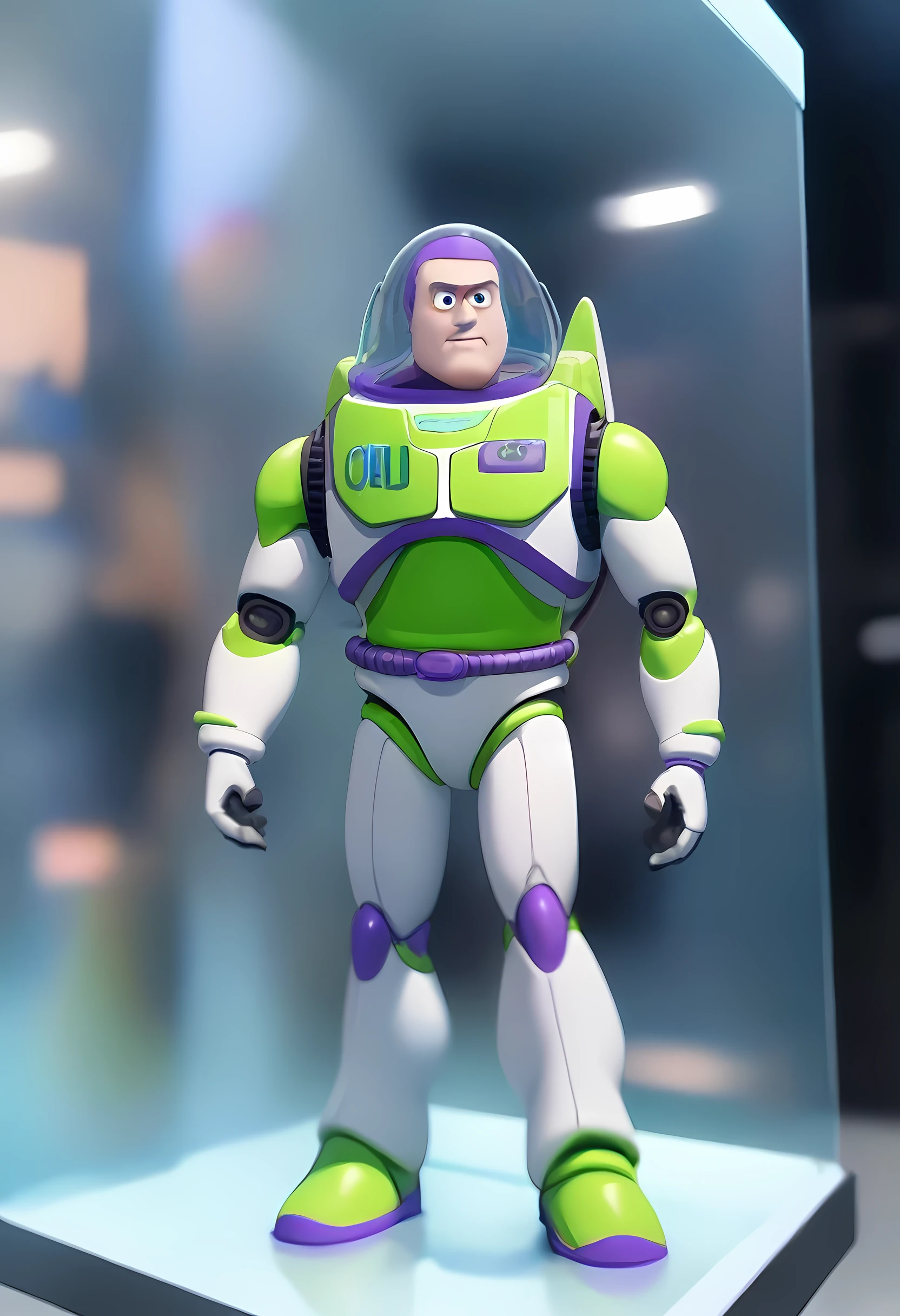 1boy, male focus, buzz lightyear, toy story, full body shot, large glass helmet, in the showcase, masterpiece, best quality, very aesthetic, absurdres