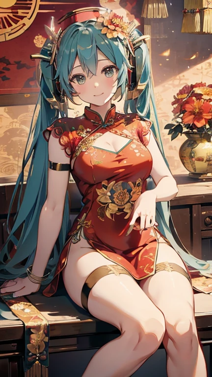 (((Masterpiece))),(((Super Detail))),(((in 8K))),(((best composition))),(((Rim lighting,Fireglow effect,deep shadow))),solo,(Hatsune Miku:1.6),beautiful detailed eyes,double bun with glittering hair ornament,(super detailed glossy skin:1.3),slender body,tits,goddess smile,((mouth open)),beautiful posture,cheongsam dress,(Red with gold thread embroidery,super delicate floral pattern:1.7),seductive cleavage,beautiful glossy legs,shiny red high heels,lifting dishes with food,chinese restaurant,hustle and bustle,rising steam,(((depth of fields)))