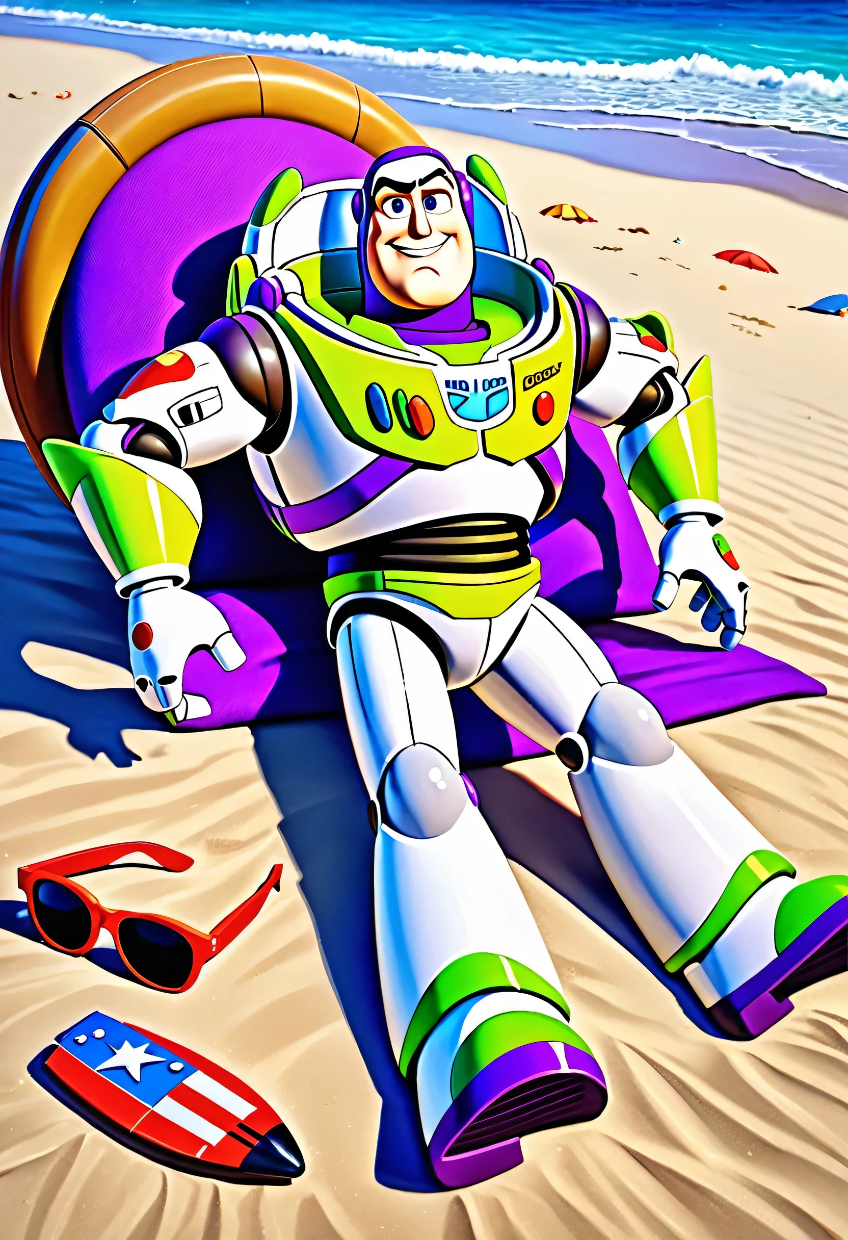 a picture of Pixar's Buzz Lightyear (masterpiece, best detailed, best quality: 1.4), lying in the beach (masterpiece, best detailed, best quality: 1.4), he rests under a palm tree, he wears (purple swimsuit: 1.1), he has (sunglasses: 1.1) on, the sea is calm, sandy beach at high noon background, it a sunny day, dynamic range, ultra wide shot, photorealism, depth of field, hyper realistic,