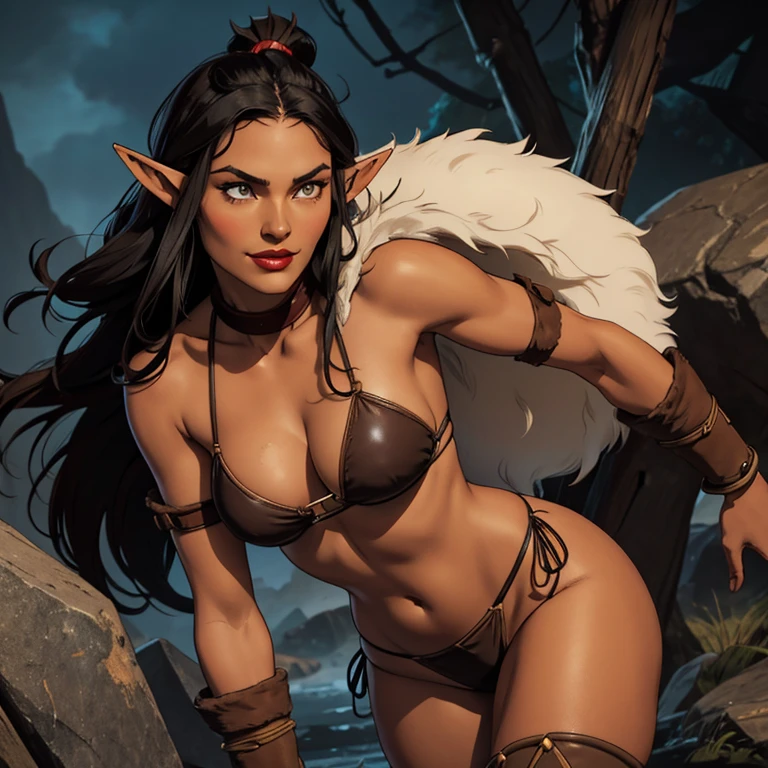 a ((native american elf)). She wears a brown leather bikini, fur cloak, fur boots, fur bracers. (((native American))), 1woman , curvy, slim waist. ((black hair)), long hair, coco skin, Dark skin, brown eyes. (detailed eyes, detailed face), smile, red lips. Square jaw, high cheekbones, strong jaw line. Show her walking through a dark dungeon.
