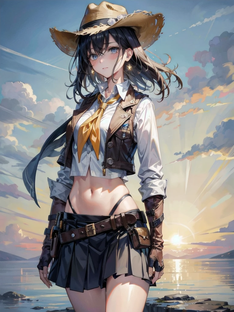 cowgirl costume, vest, cowboy hat, fingerless gloves, midriff, neckerchief, short skirt, holster, absurdres, RAW photo, extremely delicate and beautiful, masterpiece, Best Quality, ultra high resolution, 32k, hyperrealistic, ultra-detailed, perfect figure, tearful mole, earring, whole body shot, short medium hair, wavy hair,