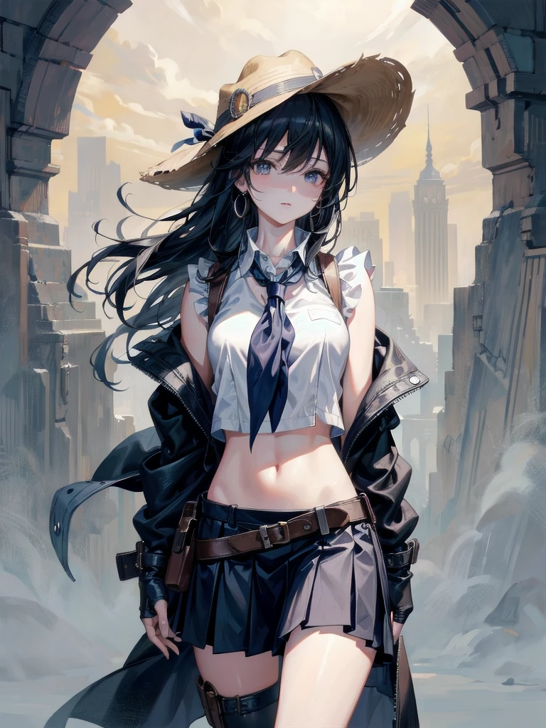 cowgirl costume, vest, cowboy hat, fingerless gloves, midriff, neckerchief, short skirt, holster, absurdres, RAW photo, extremely delicate and beautiful, masterpiece, Best Quality, ultra high resolution, 32k, hyperrealistic, ultra-detailed, perfect figure, tearful mole, earring, whole body shot, short medium hair, wavy hair,