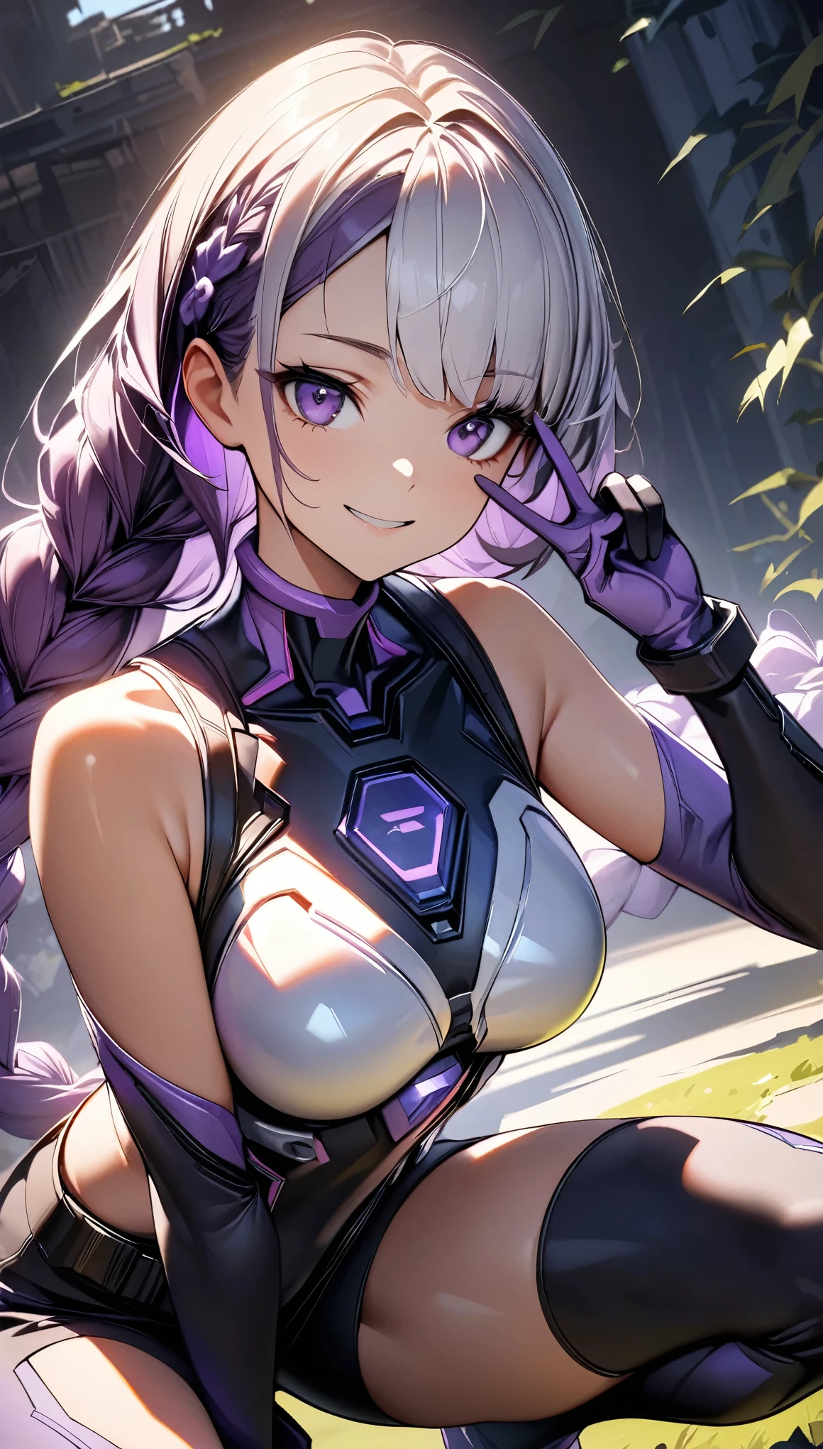 (highest quality:1.2, Very detailed, High Detail, High Contrast, masterpiece:1.2, highest quality, Best aesthetics), 1 Female, Cyber Suit, Separated sleeves, Bare shoulders, ((White Hair:1.4, Purple bicolor hair, Braided long hair, White and purple hair accessories:1.2, Dark purple bangs:1.1, Asymmetrical bangs)), Purple Eyes, Double eyelids, Detailed face, Loose braid, smile:1.2, Indifference, kind, Front view, Cowboy Shot, (((Crouching, V sign:1.2))), A park filled with greenery, squirt:1.2, White cloud, Wide-angle lens.