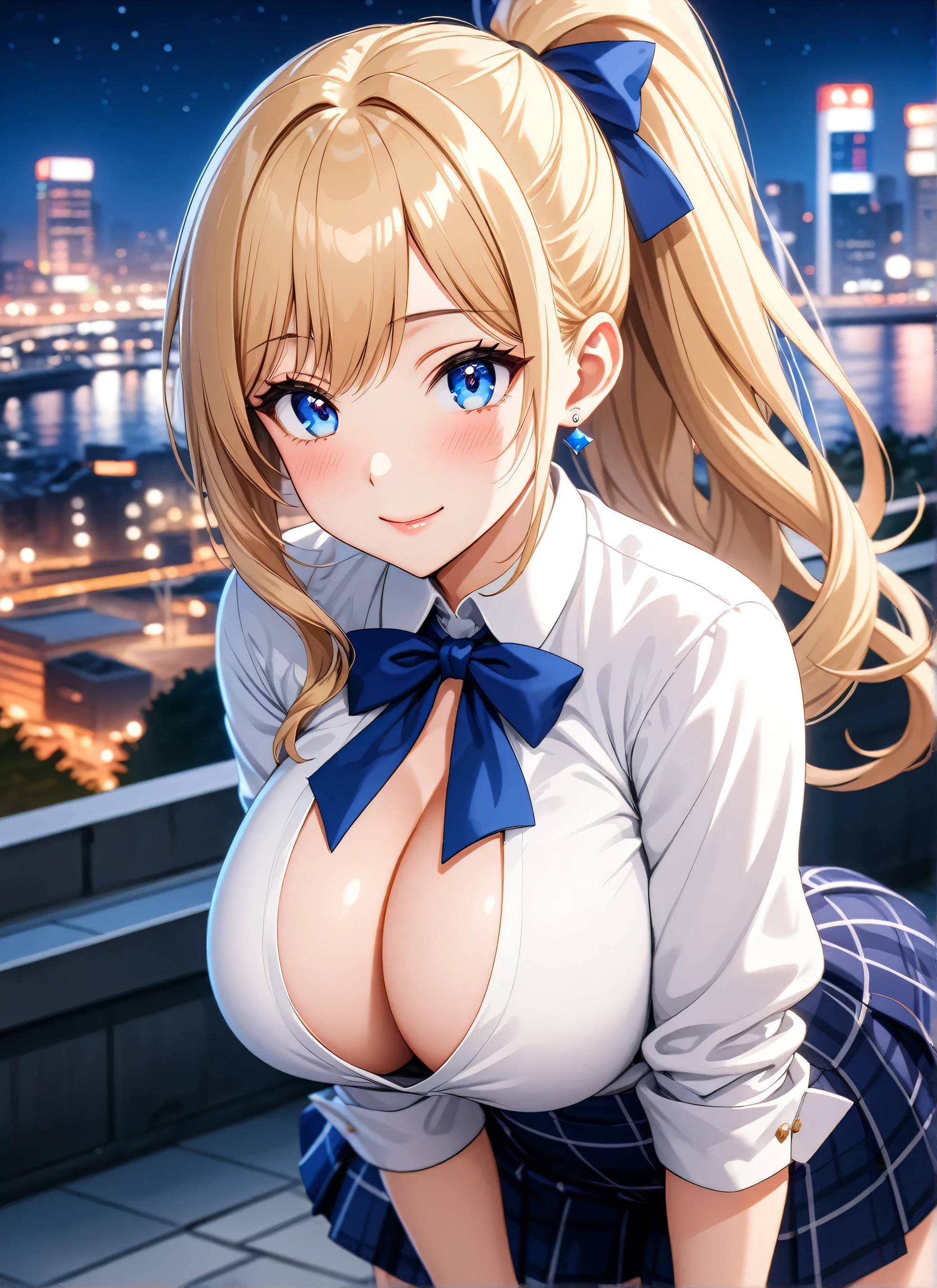 ((One girl)), Beautiful smile,Blushing,Close your mouth,Glossy Lips,Abstract, Yokohama night view park, ((Anime style background)),masterpiece, highest quality, so beautiful, Absurd, up to date, Complex details, Pink long nails,AI-generated, Complex,High resolution, highest quality, super high quality,3D Images、View the viewers、3D Images,one person,Long Blonde Hair,High Ponytail,blue eyes,Anime girl posing for photo, [[Fine grain、Colorful eyes、Shining Eyes:1.15]],(Squint your eyes:1.1),a hyperRealistic , hyperRealistic , Realistic , blonde anime girl with long hair, Smooth anime CG art, Beautiful anime school girl,White long sleeve blouse,Blue checked skirt,Big blue chest ribbon, Earrings,(Large Breasts:1.3),Mature Body,tall,Big Ass,Fine details,Abdominal muscles,(Leaning forward),Stick your butt out