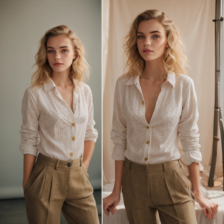 a photo of a seductive woman with loose styled golden hair,beautiful elastic breast, ,posing in photo studio, she is wearing Button-up Shirt and Trousers, intricate details, goosebumps, flawless face, (light freckles:0.9), ((photorealistic):1.1), (raw, 8k:1.2), dark studio, muted colors