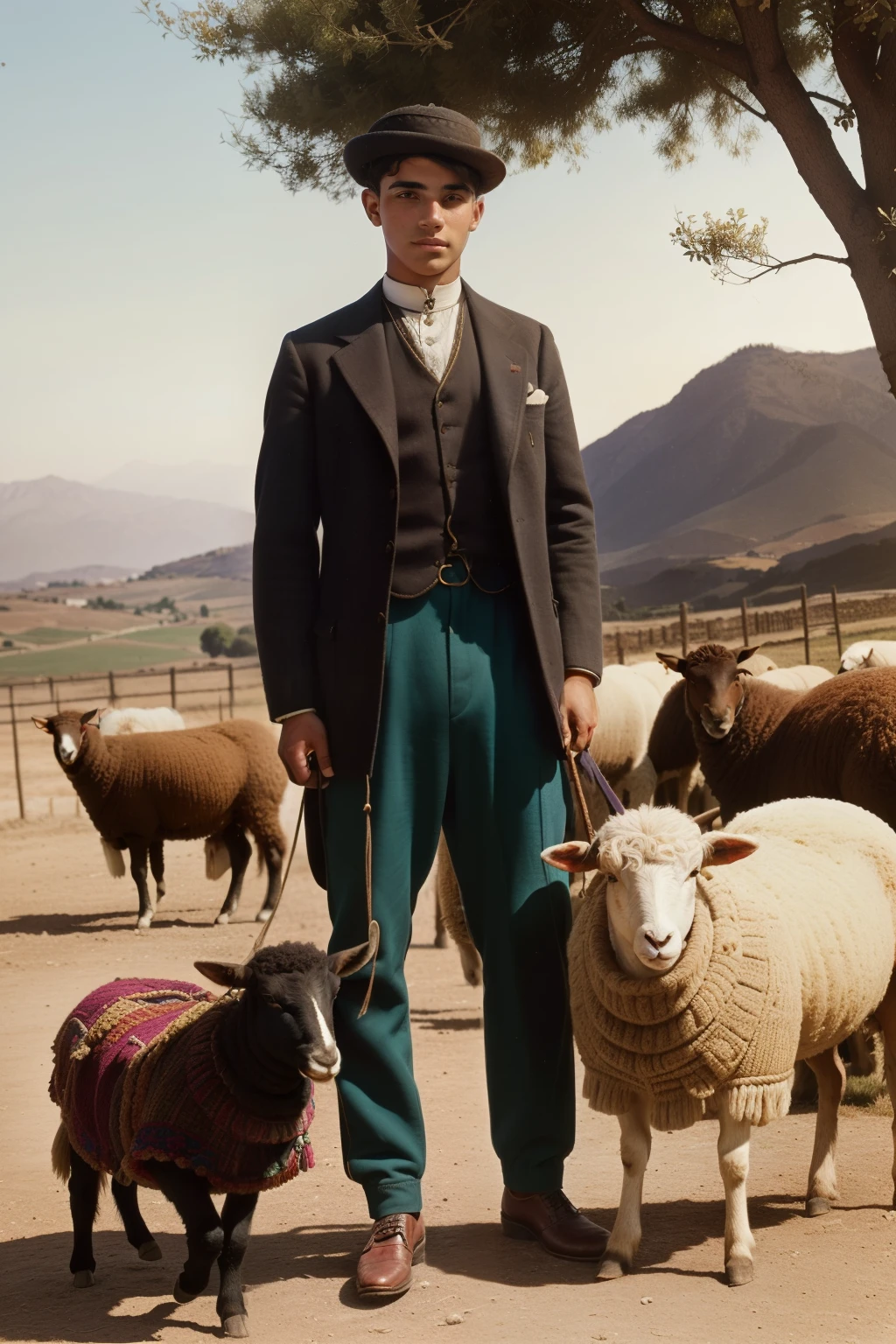 Andalusia, 1900. A young ((((18-year-old)) Santiago)), shepherd, with a sheep, ((((casual clothings from the 1900s)))), ((hairstyle of the 1900s)), ((colorful))