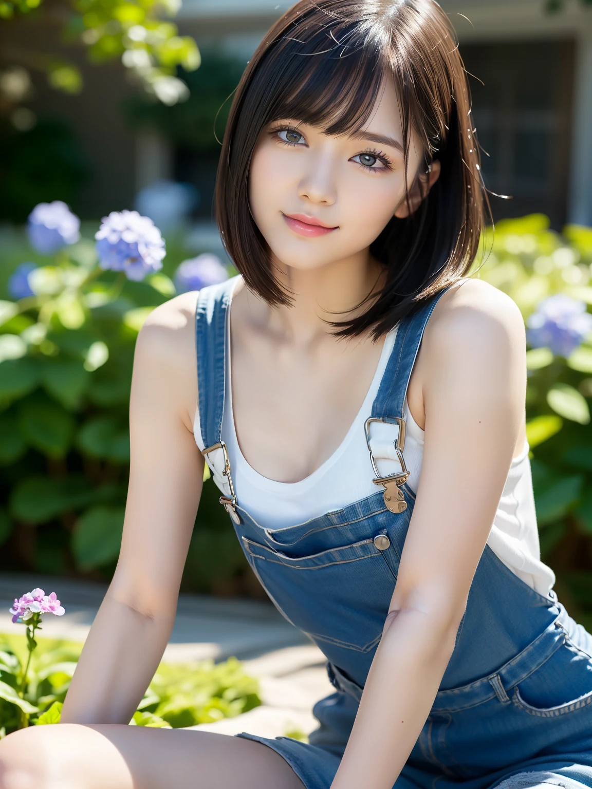 (squat)、(highest quality:1.5)、(Realistic:1.5)、(1 person:1.5)、(Very detailed)、(High resolution)、8k、(naked_overalls)、(Slightly small breasts)、Natural color lips、Cute Smile、20-year-old girl、(Beautiful and elaborate face)、(Perfect and beautiful face)、(Big eyes)、(Beautiful and elaborate face)、(Beautiful, balanced eyes)、Beautiful double eyelids、Perfect and beautiful face、Arched thin eyebrows、Slim face、(Slim figure)、Beautiful and thin nose、 Beautiful Skin、(Medium Bob Hair)、Natural Bangs、Fair skin、Front lighting、(Lighting the face)、Deep blue eyes、Slim waistline、Slim and beautiful legs、hydrangea、garden、Cleavage、naked overalls、
