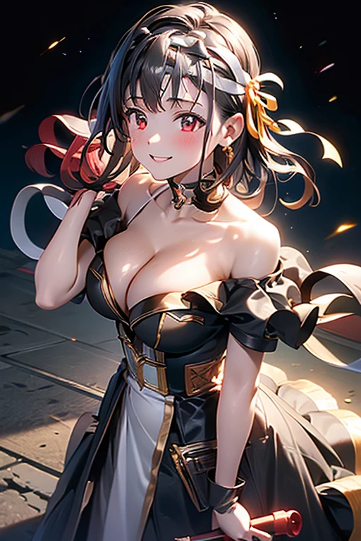 yor briar, anime style beutiful woman, 1girl, happy, smile, red face, closed mouth, beautiful detailed eyes, super detailed skin, backlighting, bare shoulders, black background, black dress, black gloves, black hair, breasts, dress, earrings, fingerless gloves, floating hair, floral print, flower, gloves, gold earrings, gold hairband, hair flower, hair ornament, hairband, holding, holding weapon, jewelry, large breasts, long hair, looking at viewer, off-shoulder dress, off shoulder,red eyes, short hair with long locks, sidelocks, solo, spikes, thighs, two-sided dress, two-sided fabric, weapon, fighting stance , face, close up, from above, highest quality, high resolution.
