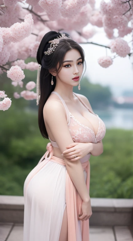 2 beautiful 20-year-old models [[[[Features]]]], [[[[]]]], [[[[Cole]]]], [[[[bShoulder]]]], Perfect eyes, Perfect iris，Perfect lips，Perfect Teeth，Perfect skin，Fair skin，long face，Long and thin nose，Soft headlight，Density Imaging Review，movie girl beautiful，White and red dress lace，Peach Blossom，The background is West Lake（Pastel colors：1.2），The mountains are high and the water is long，(((Large Breasts、Sagging breasts、Low-cut，Cleavage, Wide hips,)))((Long legs)),Hourglass figure)),：2.8，Body height：174 cm；weight：52 kg；Measurement：34C-24-36。Anterior convexity posterior，good body shape，put on gadgets，Super good looking，Hot figure，Four beauties，Chest covered with gauze，National color and fragrance。High image quality，high quality。