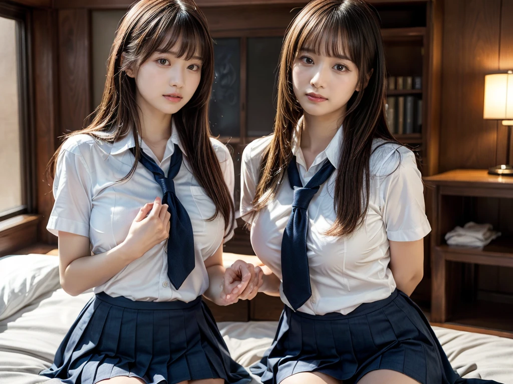 (RAW photo, 4k, masterpiece, high resolution, extremely complex) (realistic: 1.4), cinematic lighting
((2 girls, 2 schoolgirls)),Slam Dunk's,blushing,((innocent)),(Dark makeup),bright eyes,round eyes,blunt bangs,(straight hair:1.3),black hair,large breasts,wide hips,Summer Noon, ,Hot, (Best Quality), (Highres), (an Extremely Delicate and Beautiful),(Beautiful 8k face),(Brown eyes),short bob hair,( spectators),(gigantic breasts),(Play with each other,Touching each other's bodies,Touching the body),(Japanese high school uniform:1.3),blue skirt,(reality),bright lighting,(The background is a luxury hotel room)