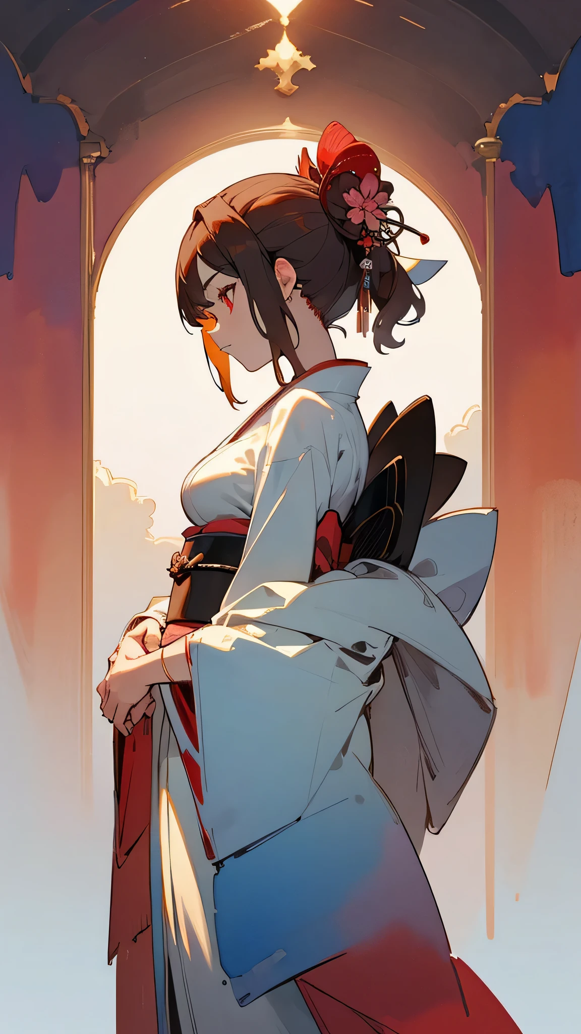 (masterpiece:1.2, highest quality), (Beautiful Eyes: 1.2), ((One girl)), ((alone)), (Red eyes:1.4), (Beautiful Eyes and exquisite face:1.3), ( Beautiful and vivid background: 1.2), (Very detailedなCG, Very detailed, Best Shadow: 1.1), ((Depth of written boundary)), ((watercolor)), (They are: 1.5), (kimono: 1.3), Big Breasts , Exposing shoulders, Flowers and petals, Beautiful concept art, (White Background: 0.5), (figure: 1.1), (Very delicate: 1.1), (Perfect detail: 1.1), profile, Cowboy Shot,