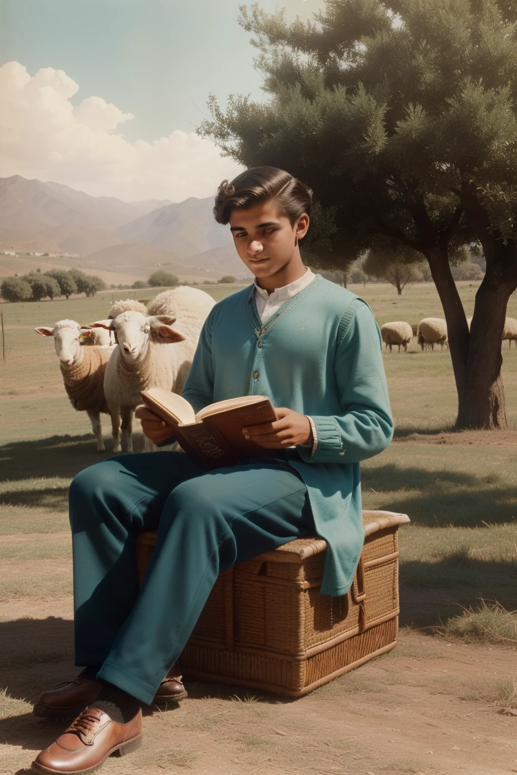 Andalusia, 1900. A young ((((18-year-old)) Santiago)), shepherd, with a sheep, reading a book under a tree, ((((casual clothings from the 1900s)))), ((hairstyle of the 1900s)), ((colorful))