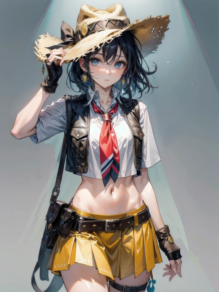 cowgirl costume, vest, cowboy hat, fingerless gloves, midriff, neckerchief, short skirt, holster, absurdres, RAW photo, extremely delicate and beautiful, masterpiece, Best Quality, ultra high resolution, 32k, hyperrealistic, ultra-detailed, detailed description, pale skin, 20 years old, tearful mole, earring, short medium hair, wavy hair, whole body shot,