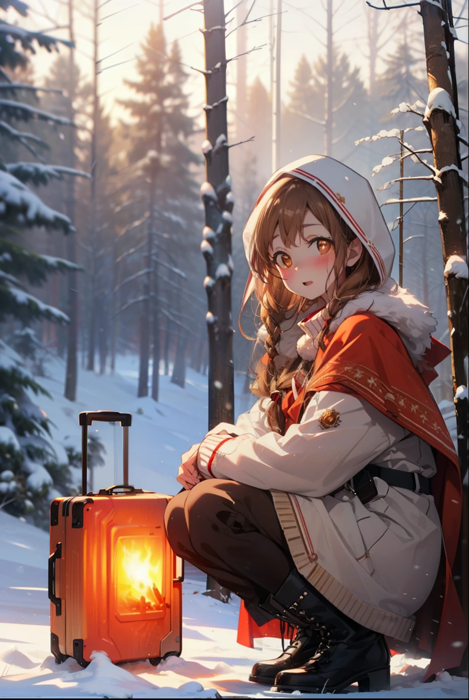 I am Ayuki of the Sun, Sun and Yuki, Long Hair, Brown Hair, (Brown eyes:1.8)Mid-chest,smile,blush,White Breath,
Open your mouth,snow,Ground bonfire, Outdoor, boots, snowing, From the side, wood, suitcase, Cape, Blurred, Increase your meals, forest, White handbag, nature, Squat, Mouth closed, フードed Cape, winter, Written boundary depth, Black shoes, red Cape break looking at viewer, Upper Body, whole body, break Outdoor, forest, nature, break (masterpiece:1.2), highest quality, High resolution, unity 8k wallpaper, (shape:0.8), (Beautiful and beautiful eyes:1.6), Highly detailed face, Perfect lighting, Extremely detailed CG, (Perfect hands, Perfect Anatomy),