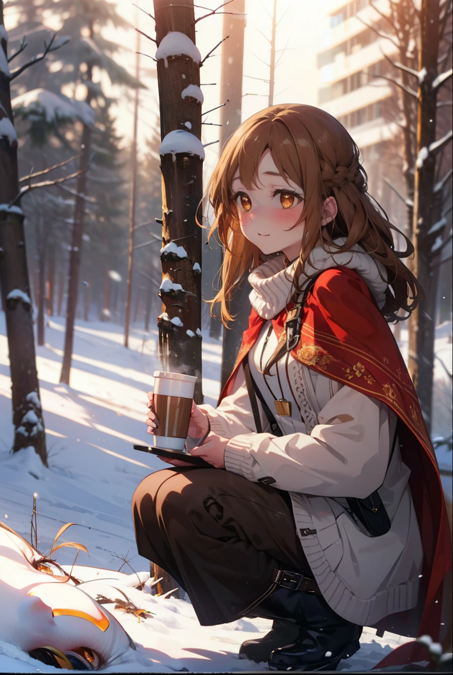 I am Ayuki of the Sun, Sun and Yuki, Long Hair, Brown Hair, (Brown eyes:1.8)Mid-chest,smile,blush,White Breath,
Open your mouth,snow,Ground bonfire, Outdoor, boots, snowing, From the side, wood, suitcase, Cape, Blurred, Increase your meals, forest, White handbag, nature,  Squat, Mouth closed, フードed Cape, winter, Written boundary depth, Black shoes, red Cape break looking at viewer, Upper Body, whole body, break Outdoor, forest, nature, break (masterpiece:1.2), highest quality, High resolution, unity 8k wallpaper, (shape:0.8), (Beautiful and beautiful eyes:1.6), Highly detailed face, Perfect lighting, Extremely detailed CG, (Perfect hands, Perfect Anatomy),