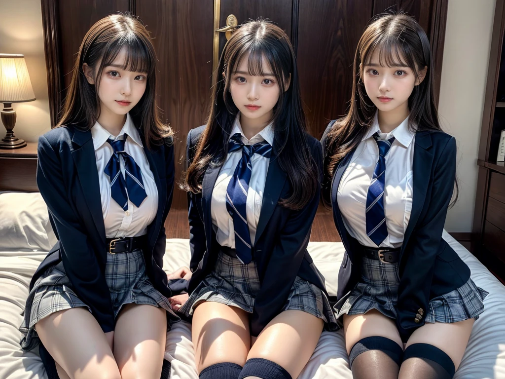 (8K, Raw photography, top-quality, masterpiece:1.2), master piece, best quality, illustration, Super detailed, fine details, High resolution, 8K,wall paper, perfect dynamic composition,(Details High quality, realistic depiction of eyes:1.3), ((2 girls, 2 schoolgirls)), The background is a luxury hotel room、High school girl uniform、blazer 、Super Short Check Uniform Skirt、Navy blue high socks、garterbelts、Colossal tits、Disturbed uniform, Play with each other,Touching each other's bodies,Touching the body of the girl next door, short bob hair, black hair color, huge breasts, Big Natural Color Lip, bold sexy pose, (perfect body shape), crying a little、cold gaze, Beautiful makeup,glitter makeup,Cutest 18 years old, beautiful legs, hposing Gravure Idol, Voluptuous thighs