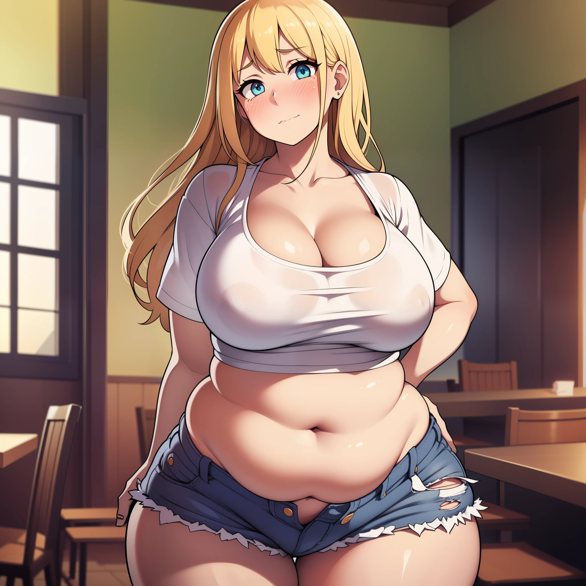 ((highres)), Masterpiece, high quality, best quality, beautiful, perfect lighting, detailed face, ultra cute face, ((2girls)), ((blush)), embarrassed, one girl has blonde hair, blue eyes, crop top and shorts, one girl has brown hair, green eyes, jeans, white shirt, fast food restaurant, cleavage, medium breasts, ((wide hips)), (thick thighs), ((plump)), chubby belly, ((belly grab)), fat folds, facing each other, 