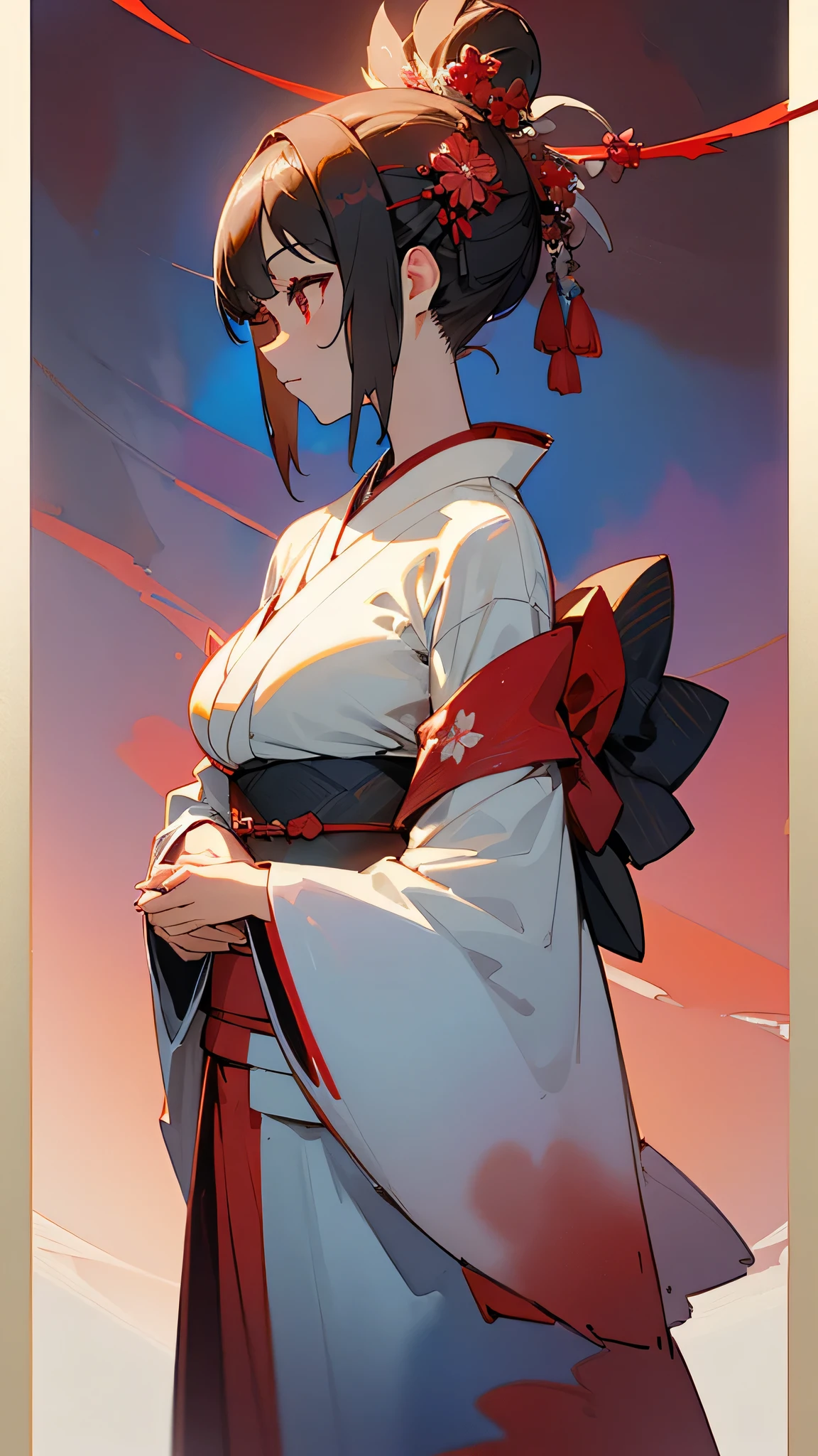 (masterpiece:1.2, highest quality), (Beautiful Eyes: 1.2), ((One girl)), ((alone)), (Red eyes:1.4), (Beautiful Eyes and exquisite face:1.3), ( Beautiful and vivid background: 1.2), (Very detailedなCG, Very detailed, Best Shadow: 1.1), ((Depth of written boundary)), ((watercolor)), (They are: 1.5), (kimono: 1.3), Big Breasts , Exposing shoulders, Flowers and petals, Beautiful concept art, (White Background: 0.5), (figure: 1.1), (Very delicate: 1.1), (Perfect detail: 1.1), profile, Cowboy Shot,