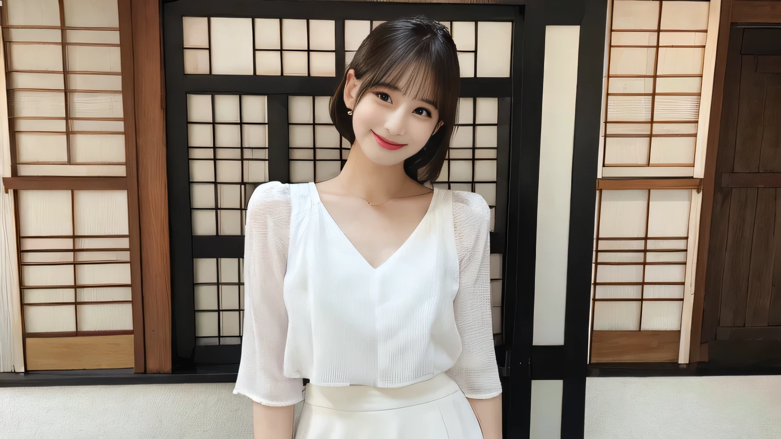 highest quality,High resolution,Two Women、Japanese,Do not split the screen,White blouse,mini skirt,The whole body is sold,smile