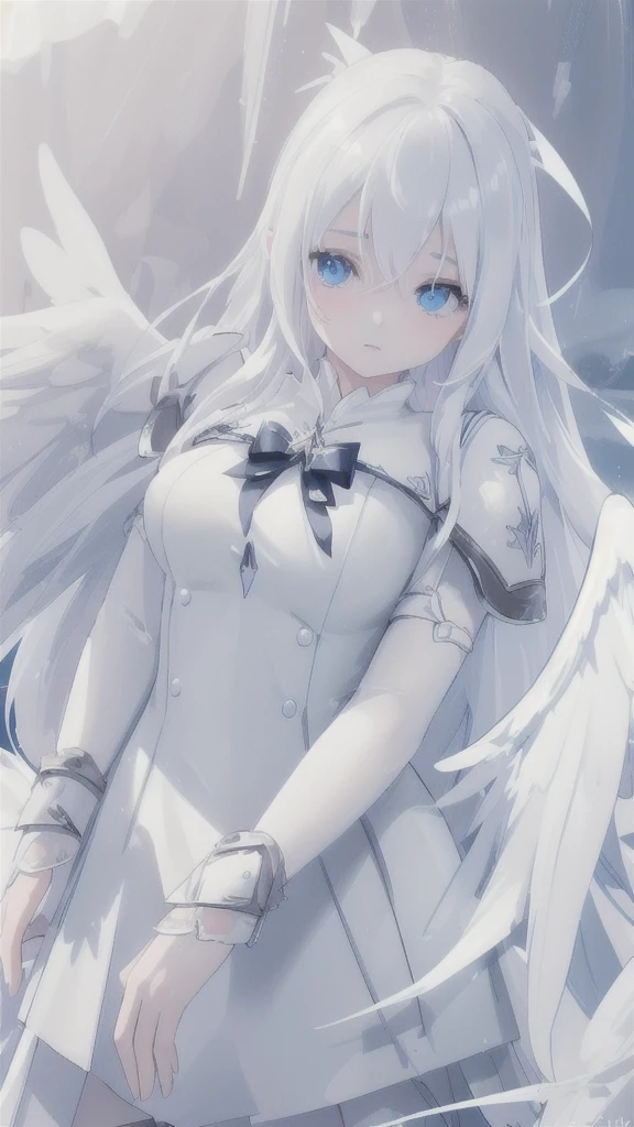A beautiful girl with long white hair, dark blue eyes, wearing a white sailor suit, surrounded by armor and wings made of ice, (best quality,4k,8k,highres,masterpiece:1.2),ultra-detailed,(realistic,photorealistic,photo-realistic:1.37),fantasy,intricate details,highly detailed facial features,extremely detailed eyes,delicate ice armor,ice wings,stunning beauty,elegant pose,dramatic lighting,cool color palette,cinematic composition