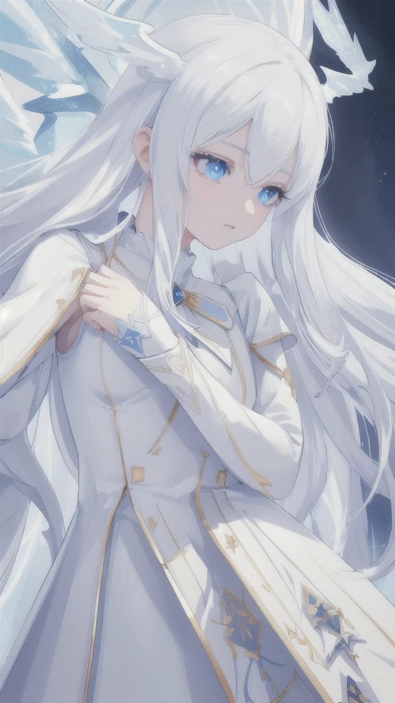 A beautiful girl with long white hair, dark blue eyes, wearing a white sailor suit, surrounded by armor and wings made of ice, (best quality,4k,8k,highres,masterpiece:1.2),ultra-detailed,(realistic,photorealistic,photo-realistic:1.37),fantasy,intricate details,highly detailed facial features,extremely detailed eyes,delicate ice armor,ice wings,stunning beauty,elegant pose,dramatic lighting,cool color palette,cinematic composition