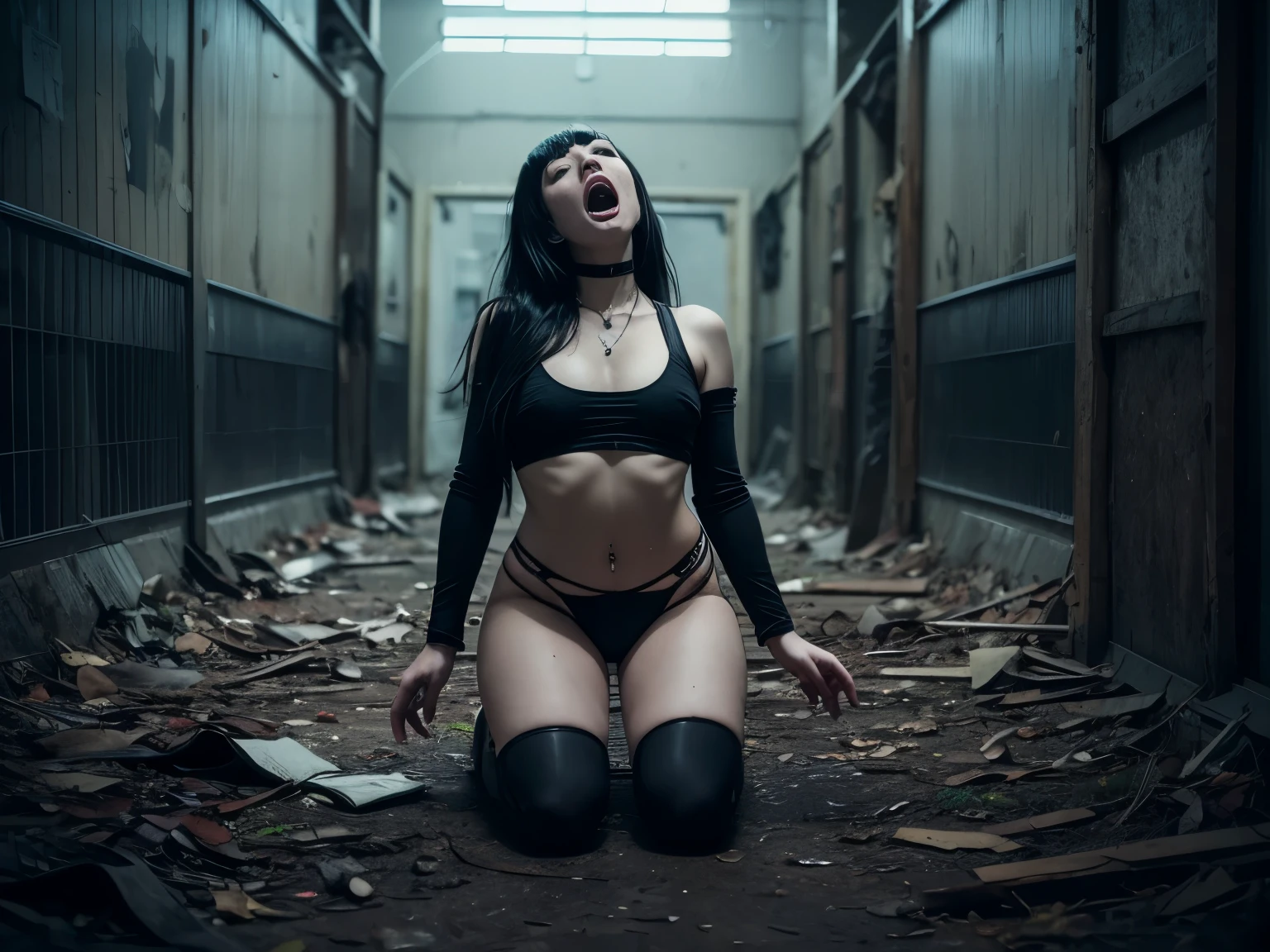 (Best Quality,hight resolution,Masterpiece, half body shot:1.2),Ultra-detailed,woman dressed in black high waisted thong and tank tshirt,sickly,kneeling down in the hall of a creepy asylum, black g-string thong, knees on the ground and legs spread, she's screaming, abandoned asylum, psychiatric hospital, she's screaming with her mouth open, full body shot, screaming desperately, centered subject,gloomy ecstasy,fetish,dark gloomy atmosphere, creepy atmosphere, gritty texture,Retro-atmosphere,warped reality,melancholic expression on his face,mysterious aura,foggy atmosphere,foggy background,Subtle color palette,provocative pose,Strong emotions,Coming Out of the Depths of Despair,Piercing gaze,intense shadows,Plunged in Darkness,dark industrial aesthetic,ominous vibe,A supernatural sensation,Loss of Place in Time and Space,Eerie silence.asymmetrical bangs, freckles, black short hair, Bangs, freckles, gray eyes,