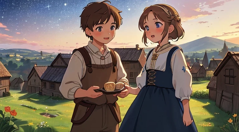 (Best quality:1.2), (masterpiece:1.2), (very detailed:1.3), 1 boy, 1 Girl, 1 peasant boy, Brown hair, brown eyes and one peasant girl, blonde, Blue eyes, (chat), happy, in a peasant village, sunset, when day turns to night, The starry sky begins to appear above your head, Immersive image, anime