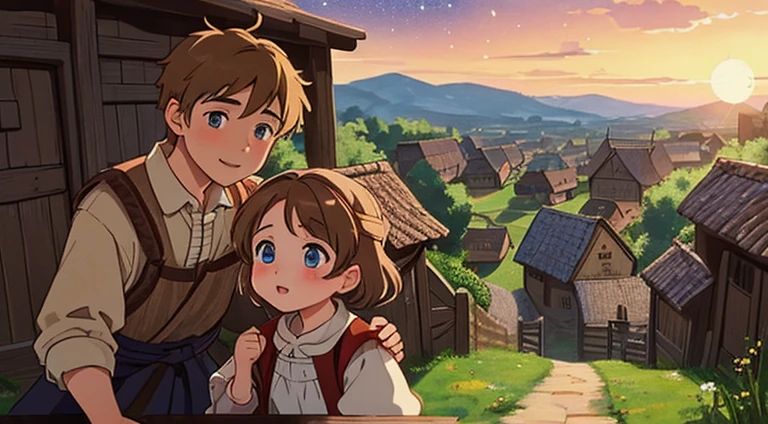 (Best quality:1.2), (masterpiece:1.2), (very detailed:1.3), 1 boy, 1 Girl, 1 peasant boy, Brown hair, brown eyes and one peasant girl, blonde, Blue eyes, (chat), happy, in a peasant village, sunset, when day turns to night, The starry sky begins to appear above your head, Immersive image, anime