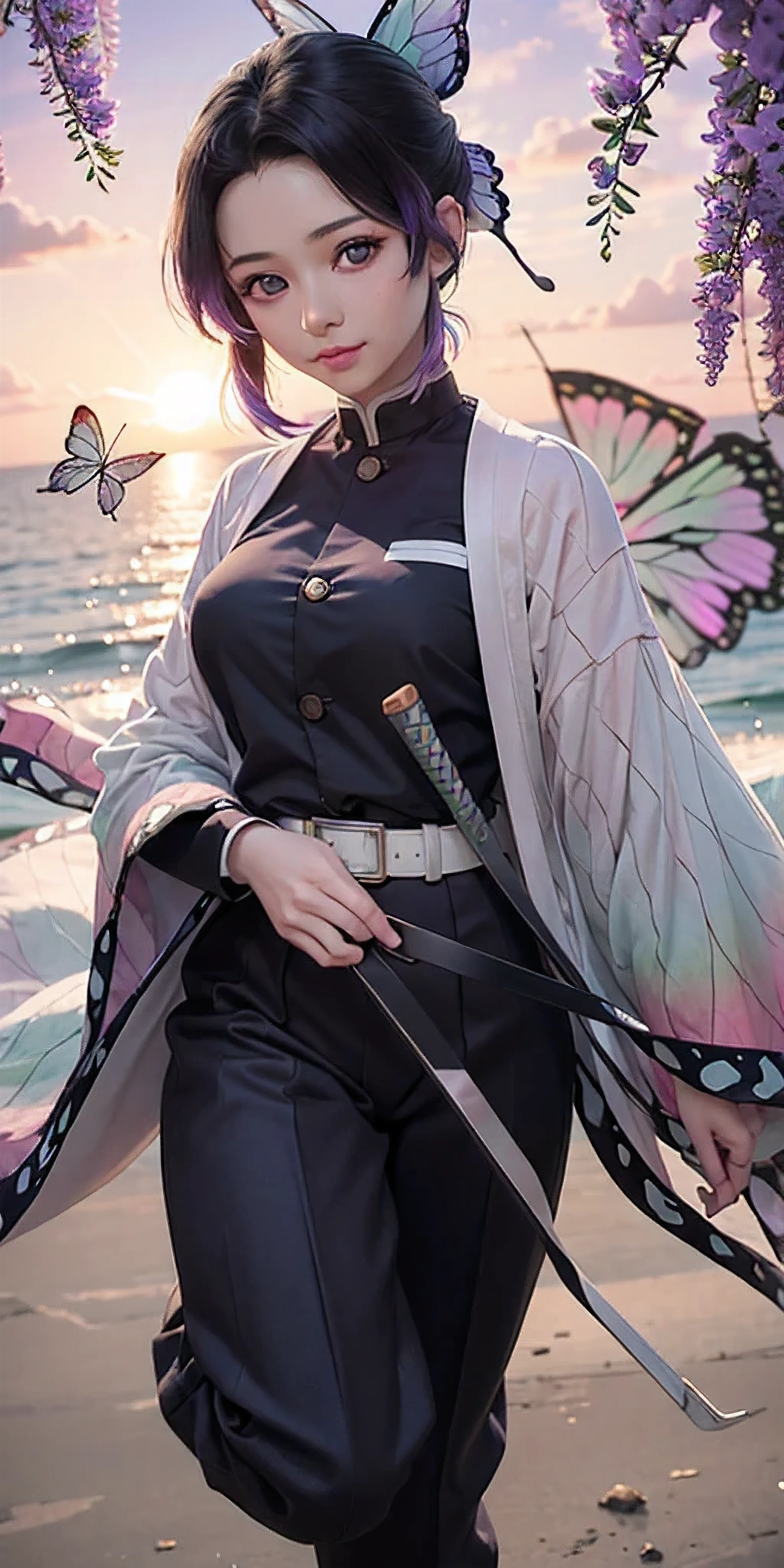 Ultra-realistic 8k CG,masterpiece,((ultra-detailed background, delicate pattern, intricate details)),best quality,very detailed face,extremely detailed eyes and face,extremely detailed eyes,kochou shinobu,multicolored hair,hair intakes,purple eyes,forehead,black shirt,black pants,haori,butterfly,buttons,belt,(Garden:1.2),purple flower,chibi,cloudy sky,sunlight,Tindal effect,gradient_sky,face,Gorgeous sky,Waist Sabre,Charming posture,